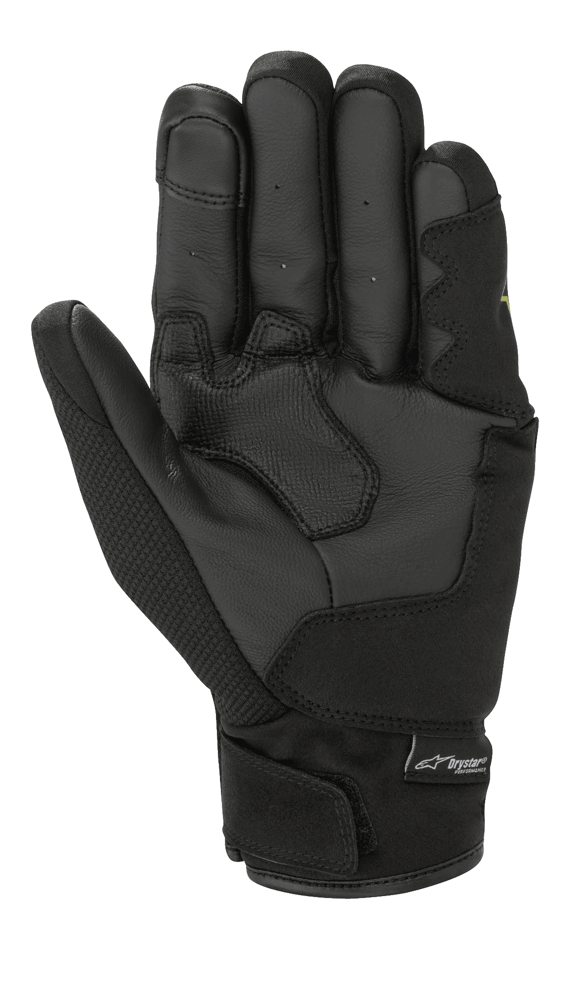 Alpinestars S-Max Drystar® Handschuhe, Schwarz, Handflächenansicht mit verstärkten Ledereinsätzen, Textildaumen und Klettverschluss am Handgelenk mit Drystar® Performance Logo-Lasche.