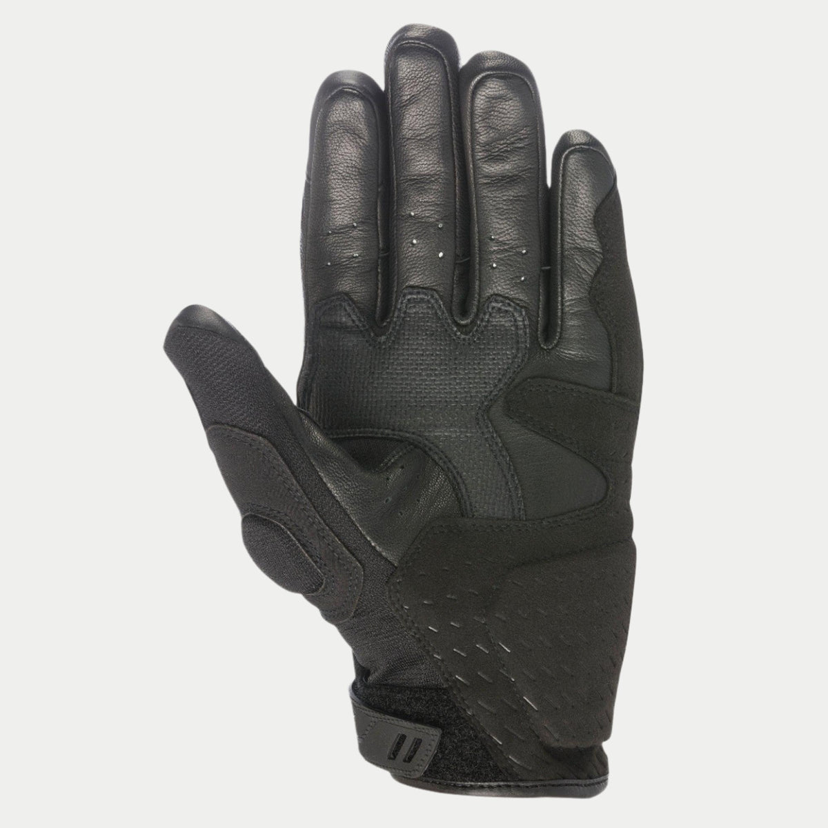 Alpinestars C-30 Drystar® Handschuhe, Schwarz, Innenhandansicht mit Verstärkungen aus synthetischem Wildleder und Schaumstoffpolsterung, PU-beschichtete Griffbereiche an Daumen und Handfläche, verstellbarer Klettverschluss am Handgelenk, wasserdichte Motorradhandschuhe