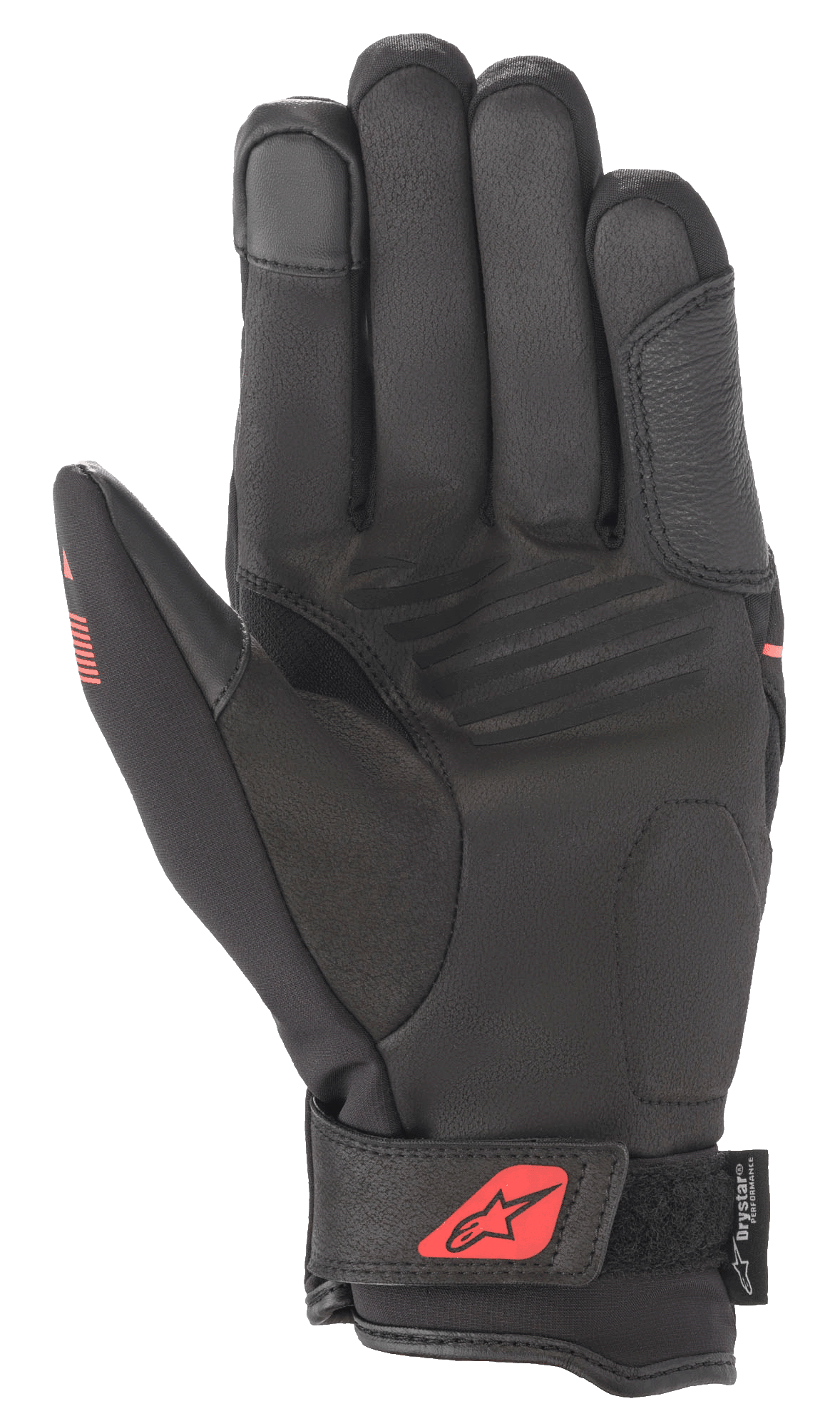 Alpinestars Syncro V2 Drystar® handschoenen, zwart en fluo rood, palmzicht met constructie van synthetisch suède, gewatteerde handpalm voor bescherming, verstelbare polsband met rood logo en Drystar®-branding