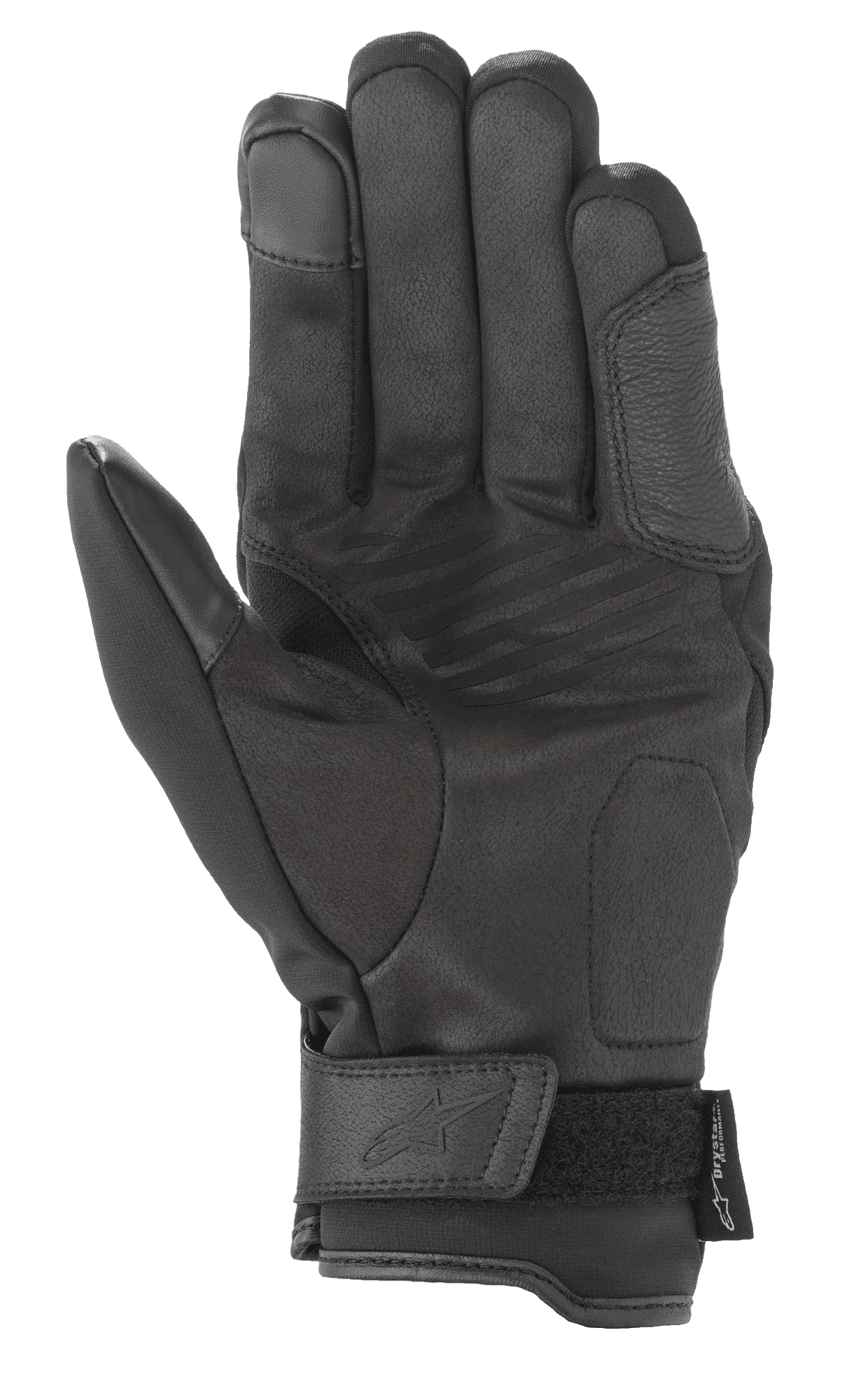 Alpinestars Syncro V2 Drystar® handschoenen, zwart, urban motorhandschoenen, handpalmweergave met constructie van versterkt synthetisch suède, gevoerde zones voor bescherming en verstelbare polssluiting met logo in reliëf.