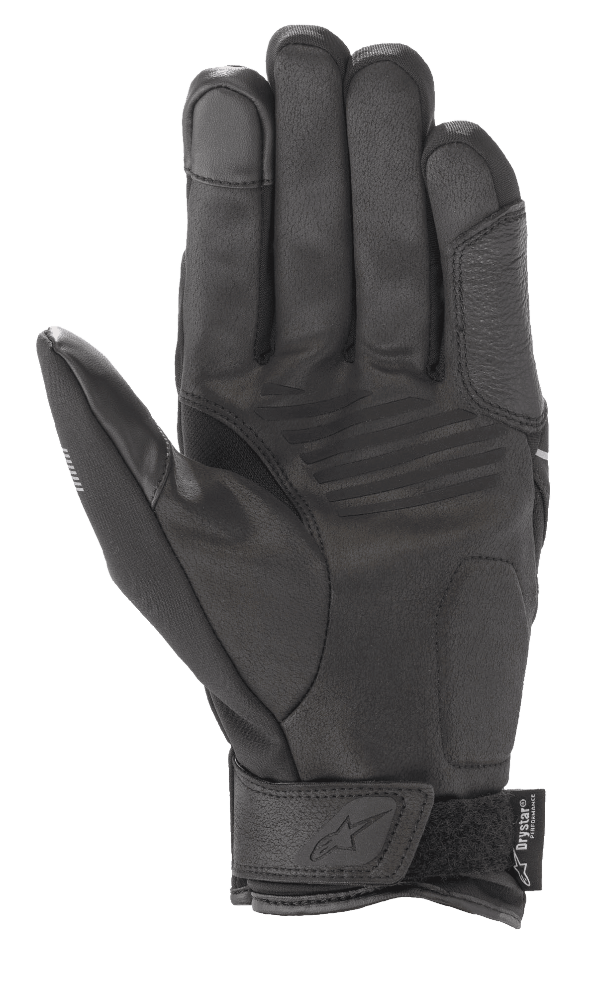 Alpinestars Syncro V2 Drystar® handschoenen, urban motorhandschoenen, Black Mid Gray, handpalmweergave met constructie van synthetisch suède, gewatteerde verstevigingen, touchscreen-compatibele vingertop en klittenband polssluiting met Alpinestars-branding.