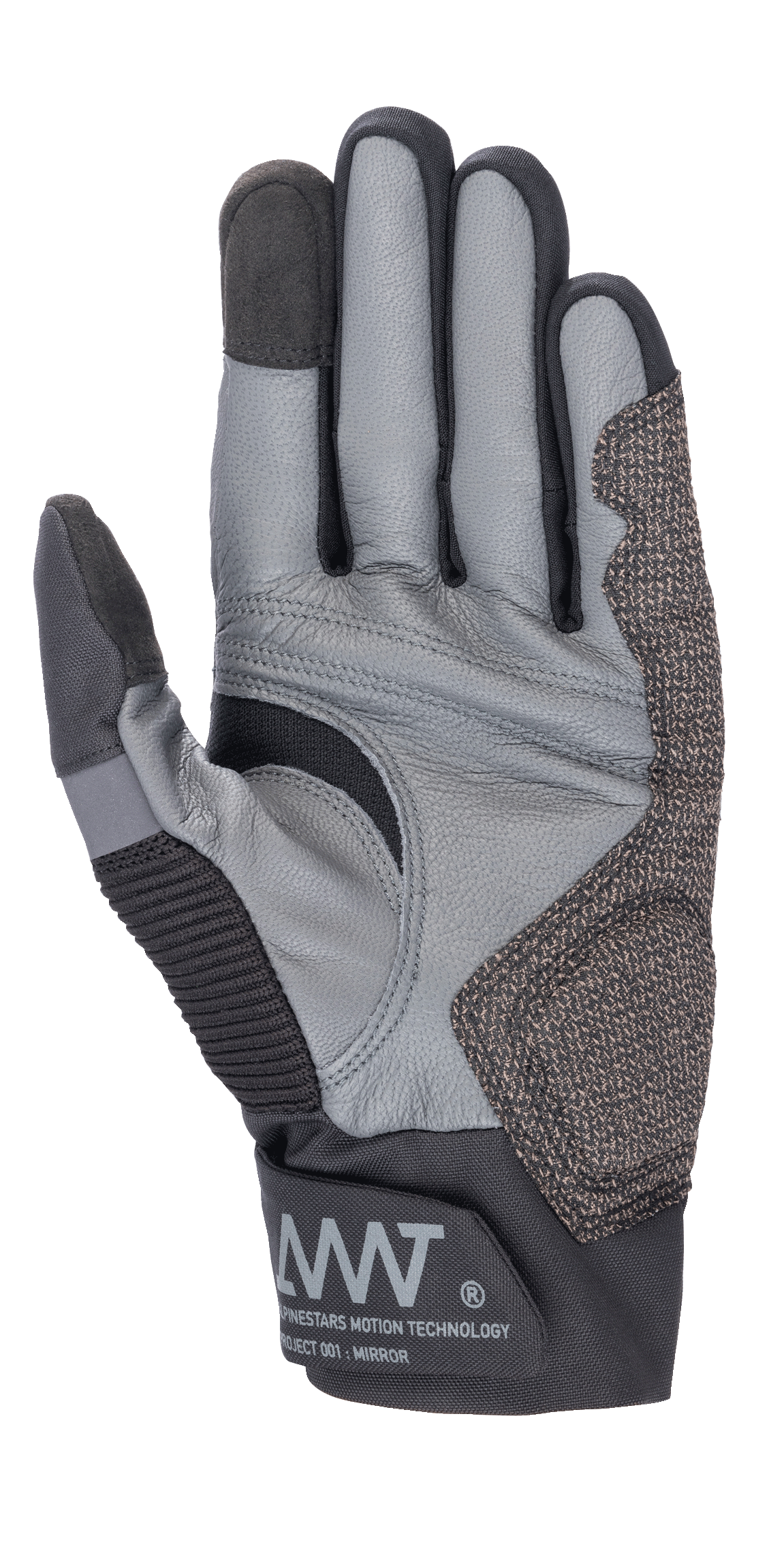 Alpinestars AMT-10 Air HDry® Handschuhe, Schwarz und Grau, Handflächenansicht mit Fokus auf Ziegenlederkonstruktion, ergonomisches Griffmuster und technische Stretcheinsätze, AMT-Branding auf der Manschette