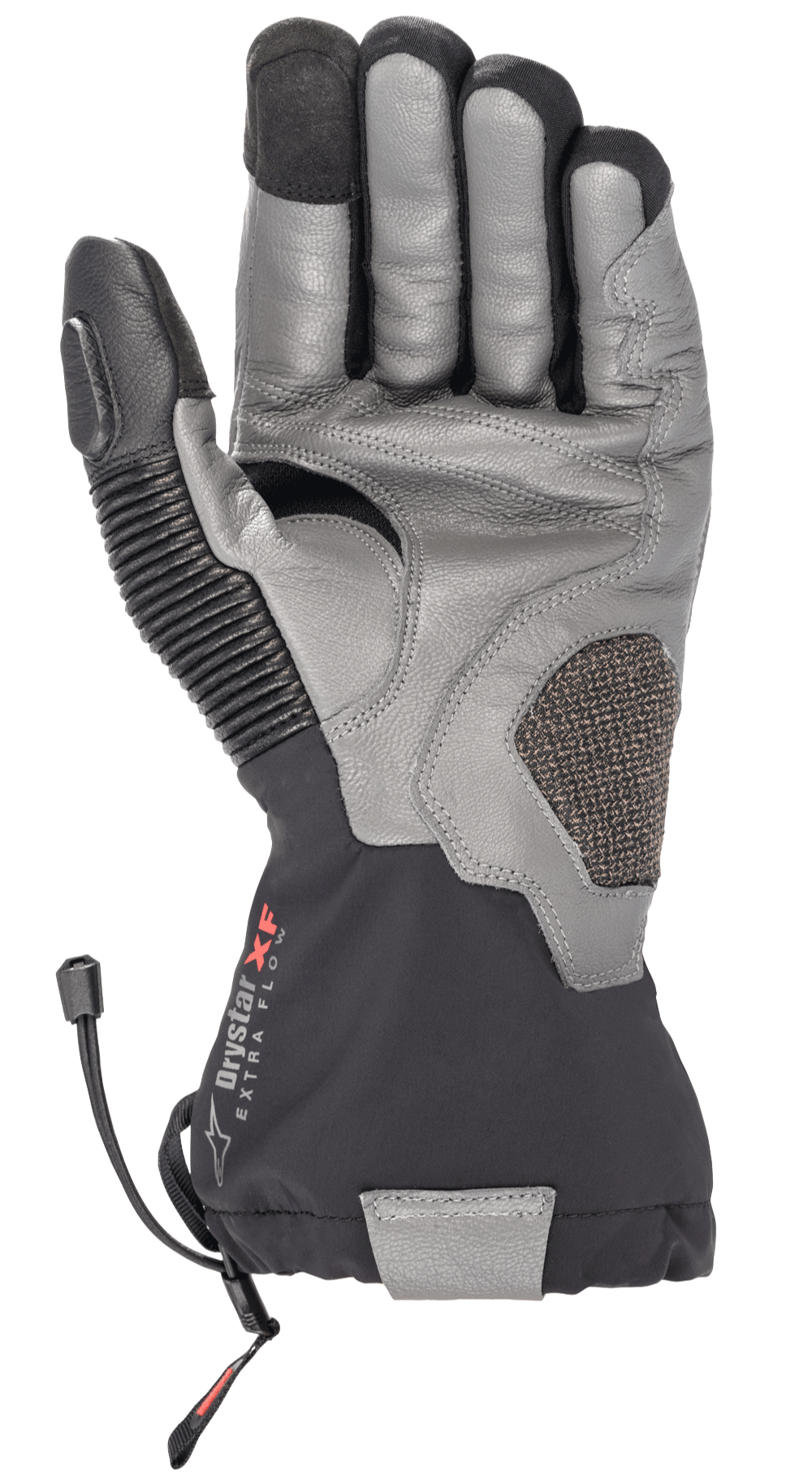 Alpinestars Amt-10 Drystar® XF winterhandschoenen, motor toerhandschoenen, zwart en donkergrijs, handpalmaanzicht met getextureerd geitenleer, lange waterdichte manchet met Drystar XF-logo, accordeon lederen duimpaneel en versterkte handpalm voor adventure en straatgebruik.