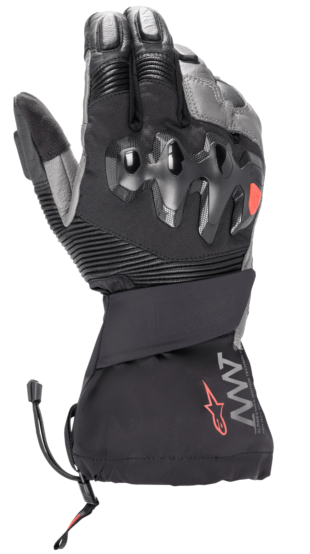 Alpinestars Amt-10 Drystar® XF Winter Handschoenen, motorwinterhandschoenen met lange manchet, zwart en donkergrijs, overgeïnjecteerde harde knokkelbescherming, accordeon stretchpanelen op de vingers, AMT-branding met rood sterlogo, treksluiting aan de manchet