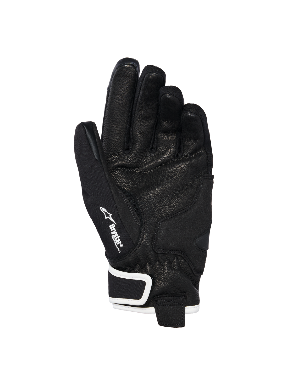 Alpinestars Stella Moblast Waterproof Handschuhe, Handflächenansicht, Schwarz mit weißen Akzenten, mit Handfläche aus Ziegenleder, Alpinestars-Logo und Drystar-Branding am Daumen, Motorradhandschuhe mit kurzer Stulpe für Damen
