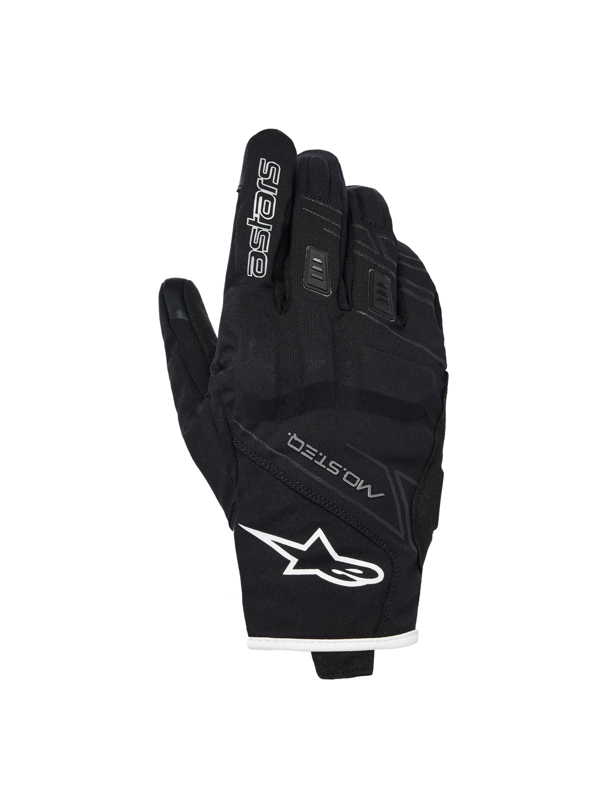 Alpinestars Stella Moblast Wasserdichte Handschuhe, Damen-Motorradhandschuhe, Schwarz mit weißen Akzenten, Handrückenansicht mit Alpinestars-Logo, MO.ST.EQ-Branding und weichem Knöchelschutz