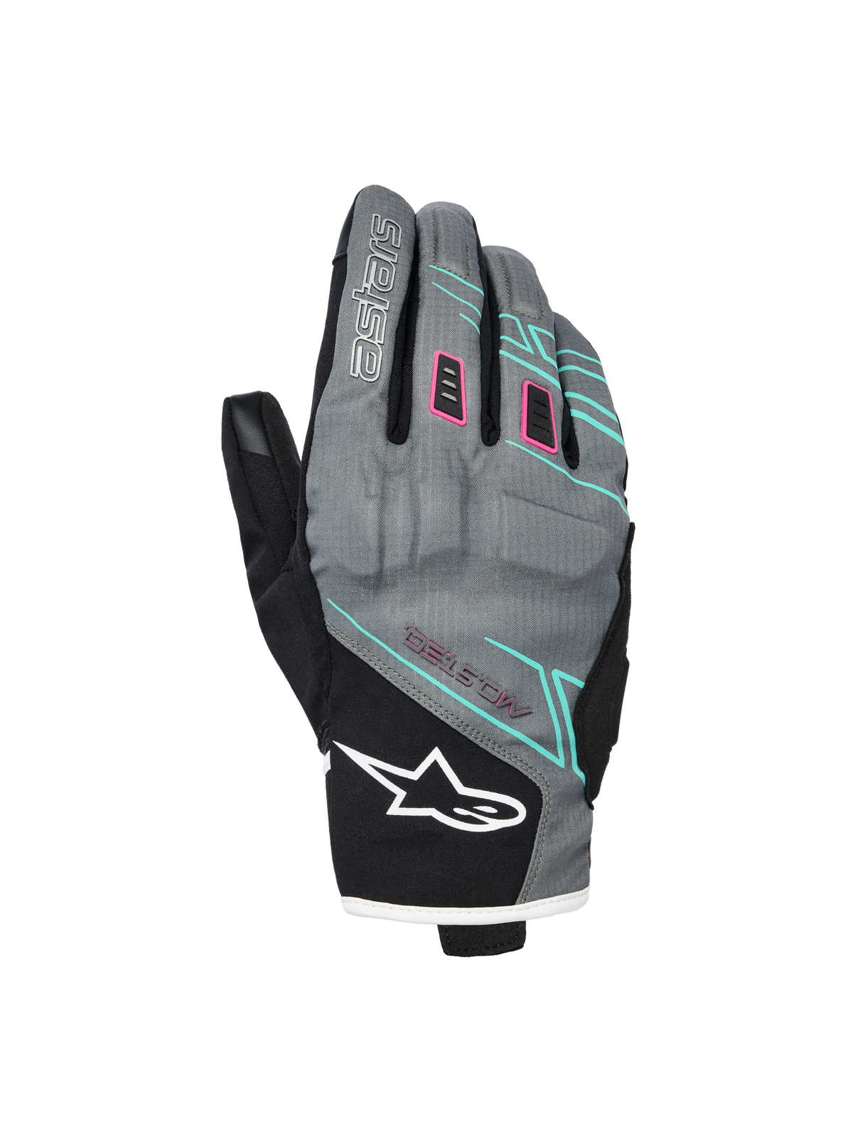 Alpinestars Stella Moblast Wasserdichte Handschuhe, Damen-Motorradhandschuhe, Grau und Schwarz mit pinken und türkisfarbenen Akzenten, Kurzstulpen-Design mit MO.ST.EQ. Branding, Textilkonstruktion mit schützender Knöchelpolsterung und weißem Alpinestars-Logo