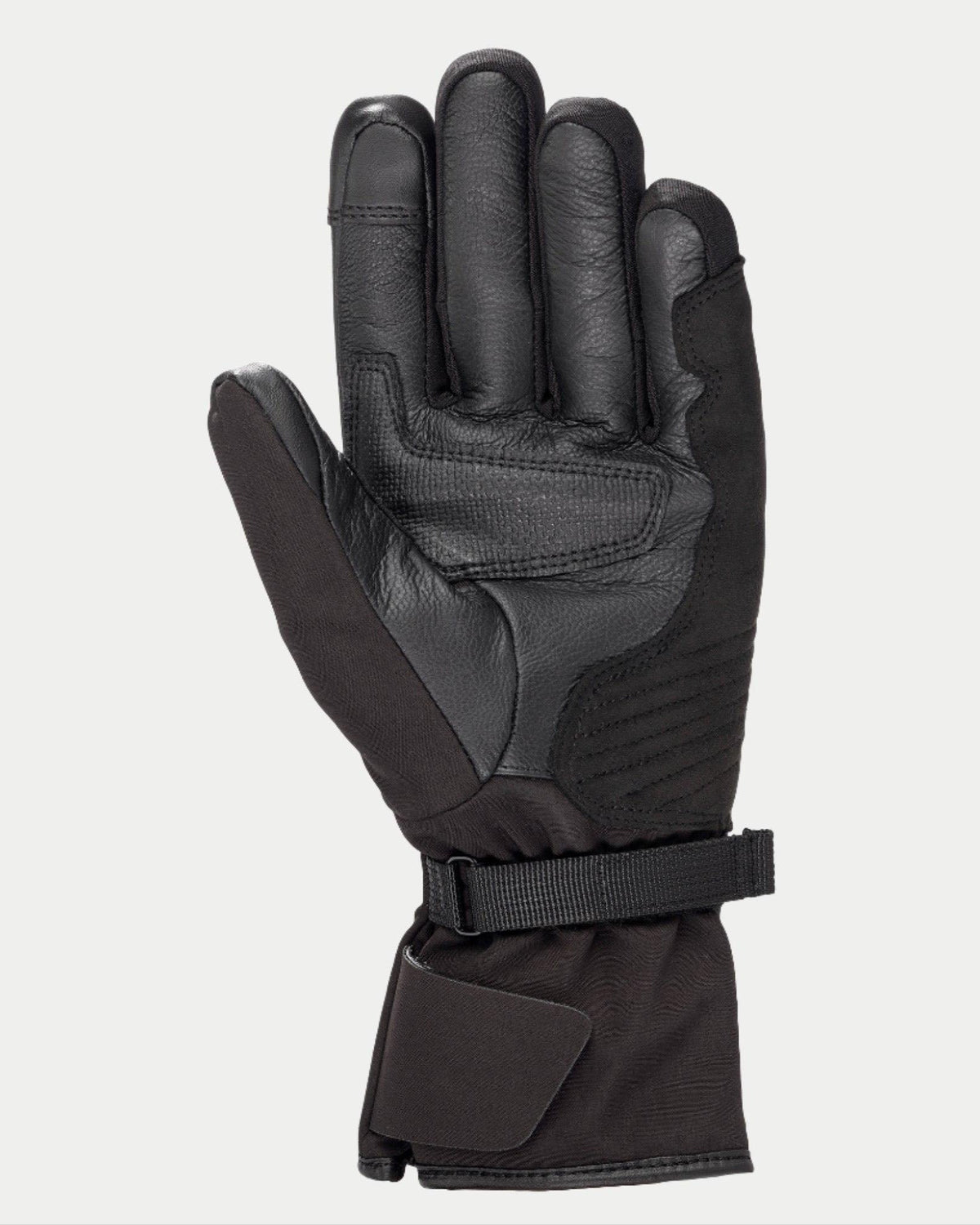 Alpinestars Stella Tourer W-7 Drystar® dameshandschoenen, zwart, aanzicht van de handpalm met leer en softshell constructie, lange touring-manchet met verstelbare riem, versterkte handpalm en duim, waterdichte en thermische winter motoruitrusting voor adventure touring