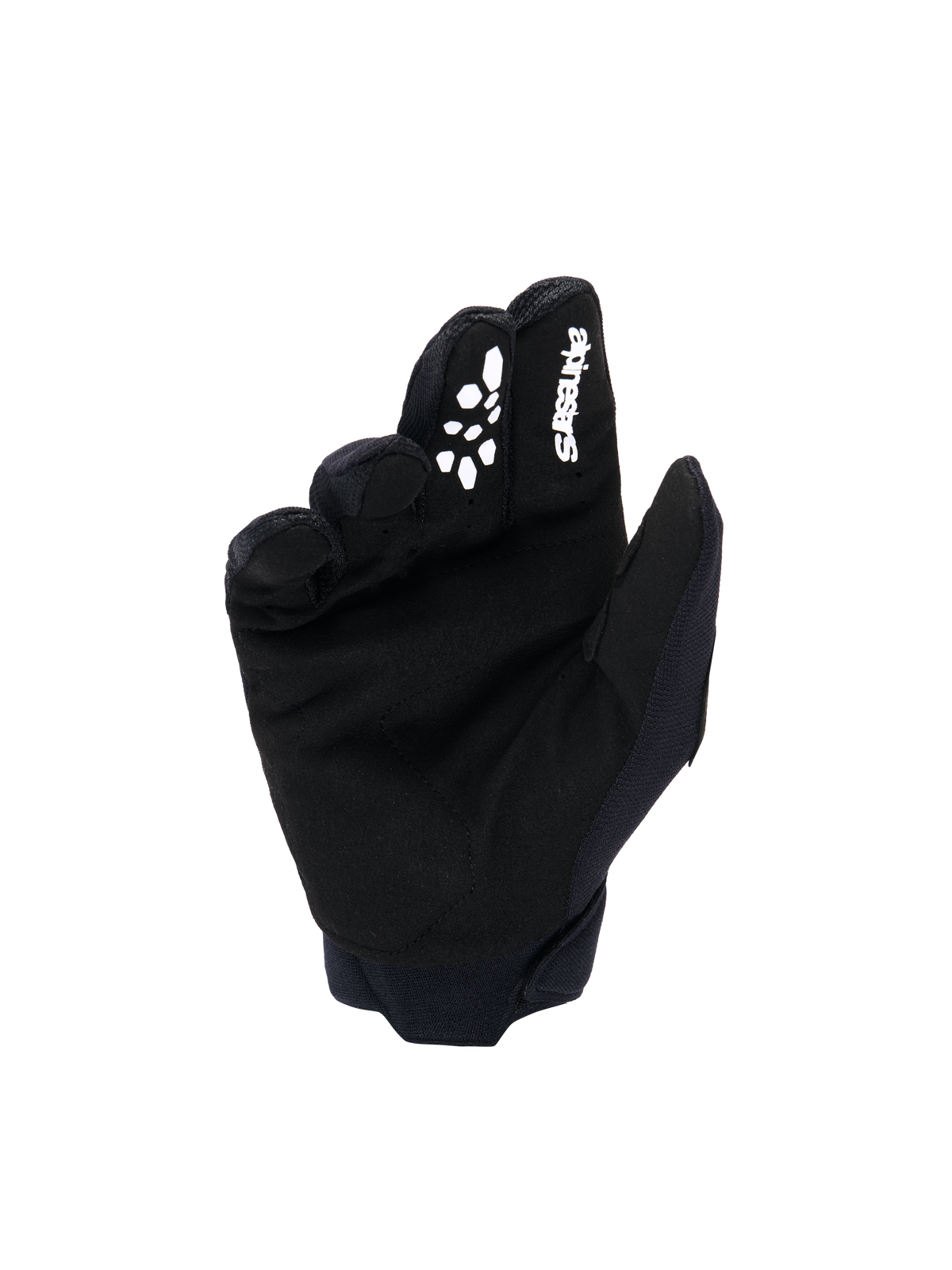 Alpinestars Jeugd & Kinder Full Bore V2 Handschoenen, motocross-handschoenen, zwart en wit, handpalmaanzicht met synthetisch suède materiaal, wit Alpinestars-logo en siliconenprint grip op de wijsvinger, duurzame off-road race-uitrusting