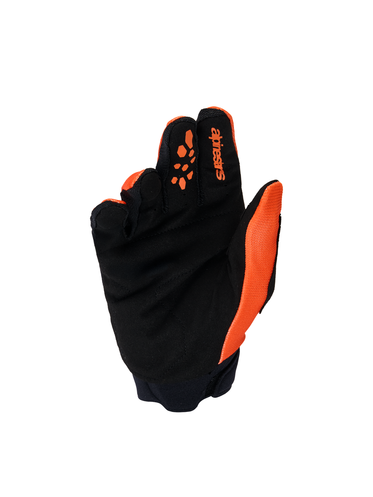 Alpinestars Youth & Kids Full Bore V2 Gloves, Motocross Gloves, Orange and Black, palm view featuring reinforced synthetic suede, silicone finger prints for lever control, and Alpinestars branding on the index finger.