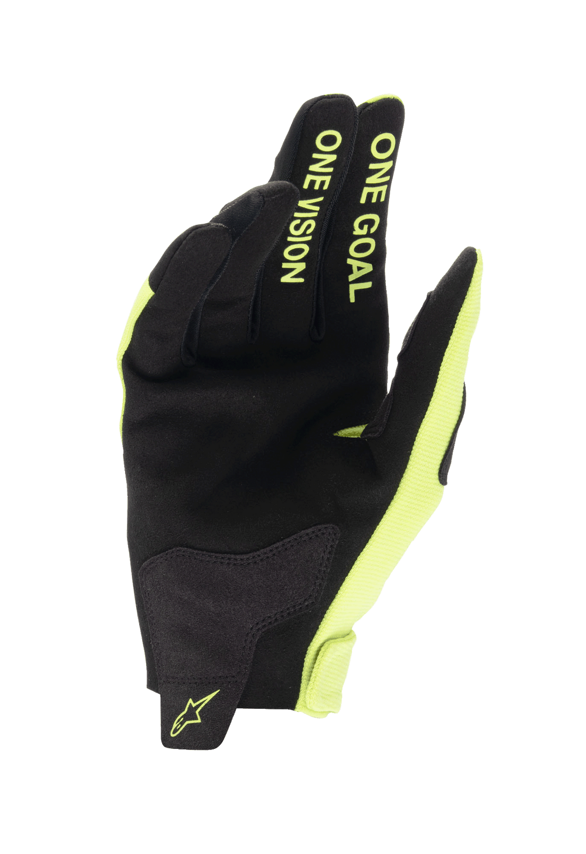 Gants Alpinestars Radar Junior 2024, gants de motocross, noir et jaune fluo, vue de la paume avec construction en daim synthétique, texte « ONE GOAL ONE VISION » sur les doigts en jaune fluo, conception durable pour les courses tout-terrain