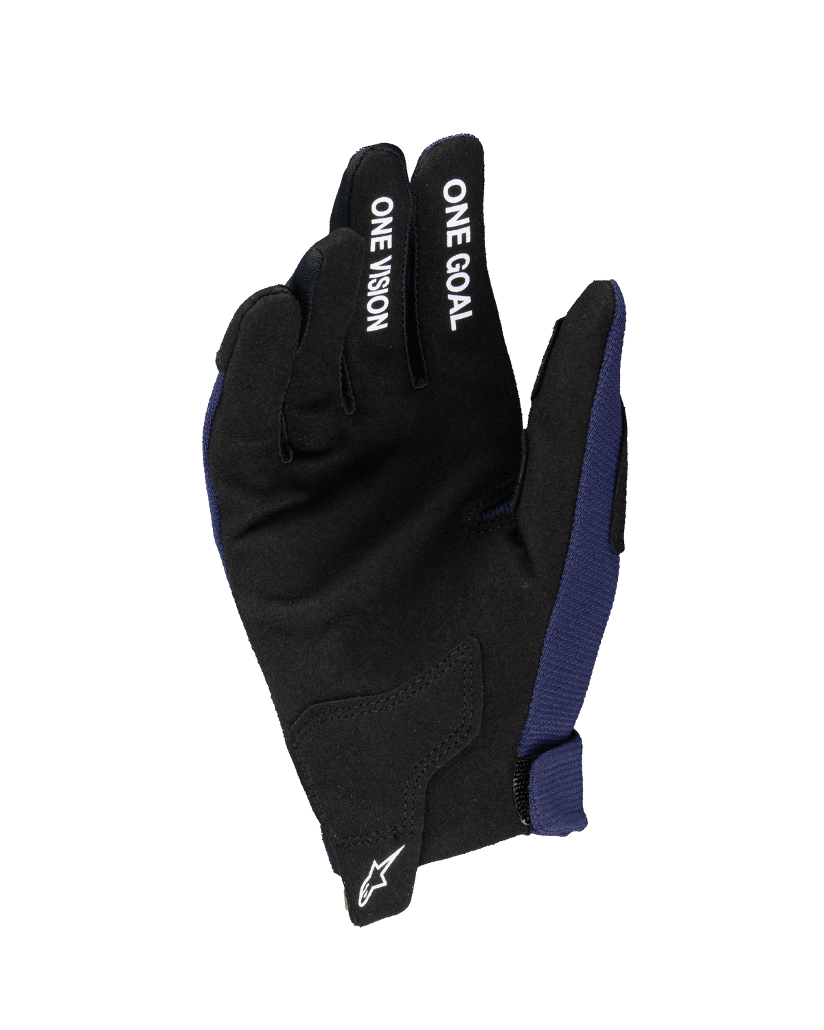 Alpinestars 2025 Jeugd Radar handschoenen, motorcross handschoenen, donkerblauw en zwart, toont synthetische suède palm met witte 'ONE GOAL' en 'ONE VISION' tekst op de vingers, wit Astars-logo op de pols, enkellaagse constructie voor off-road rijden