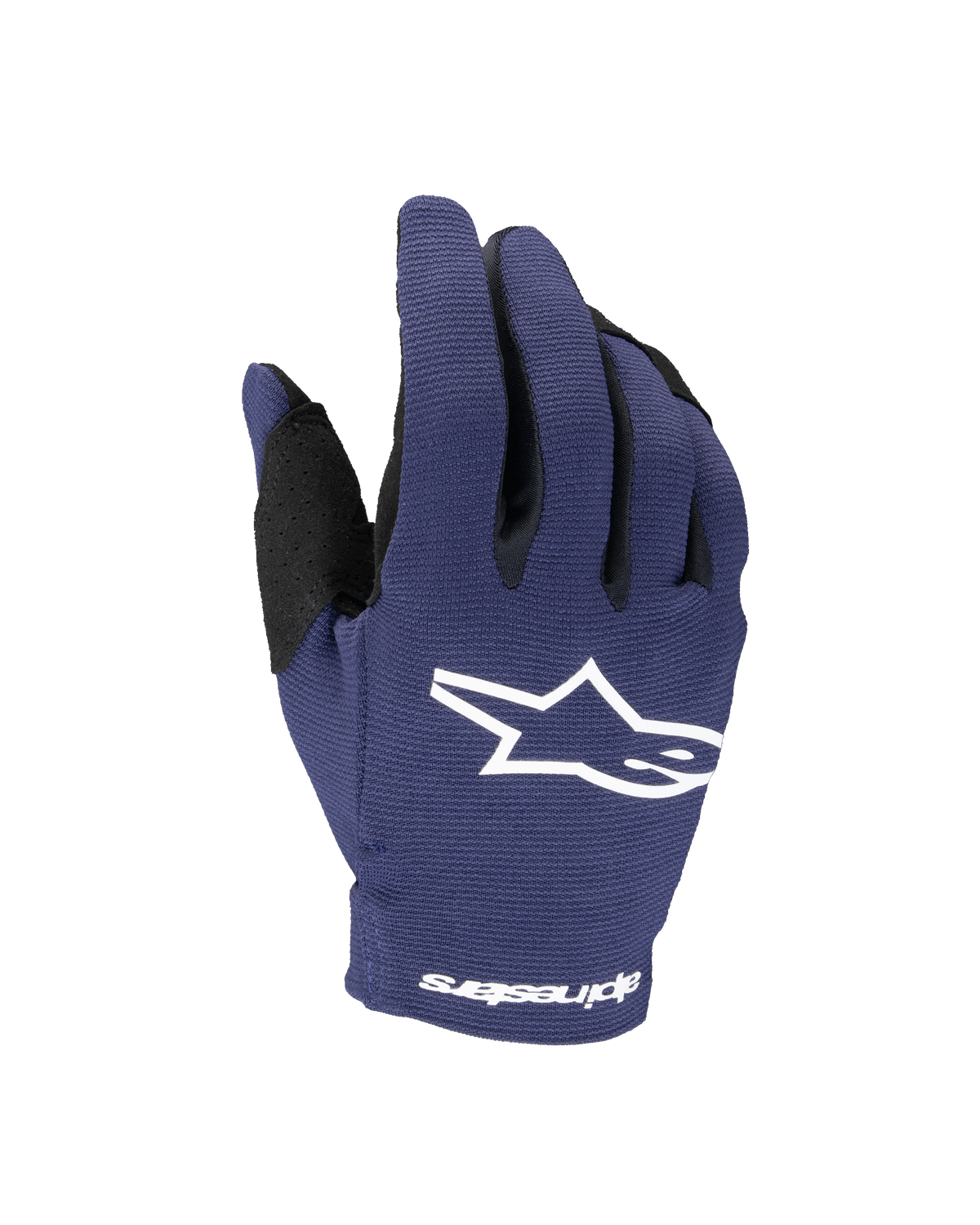 Alpinestars 2025 Youth Radar handschoenen, motorcross handschoenen, donkerblauw en wit, voorzien van een wit ster-logo op de handrug en Alpinestars-tekst op de pols, enkellaagse stretchconstructie voor off-road racen.