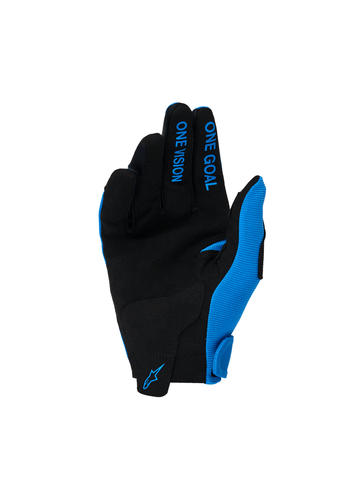 Alpinestars 2026 Youth Radar Handschuhe, Motocross-Handschuhe, Ucla Blau und Weiß, Handfläche aus synthetischem Wildleder in Schwarz, blauer „ONE GOAL“ und „ONE VISION“ Schriftzug auf den Fingern, blaues Alpinestars-Logo am Handgelenk, entwickelt für Offroad-Performance