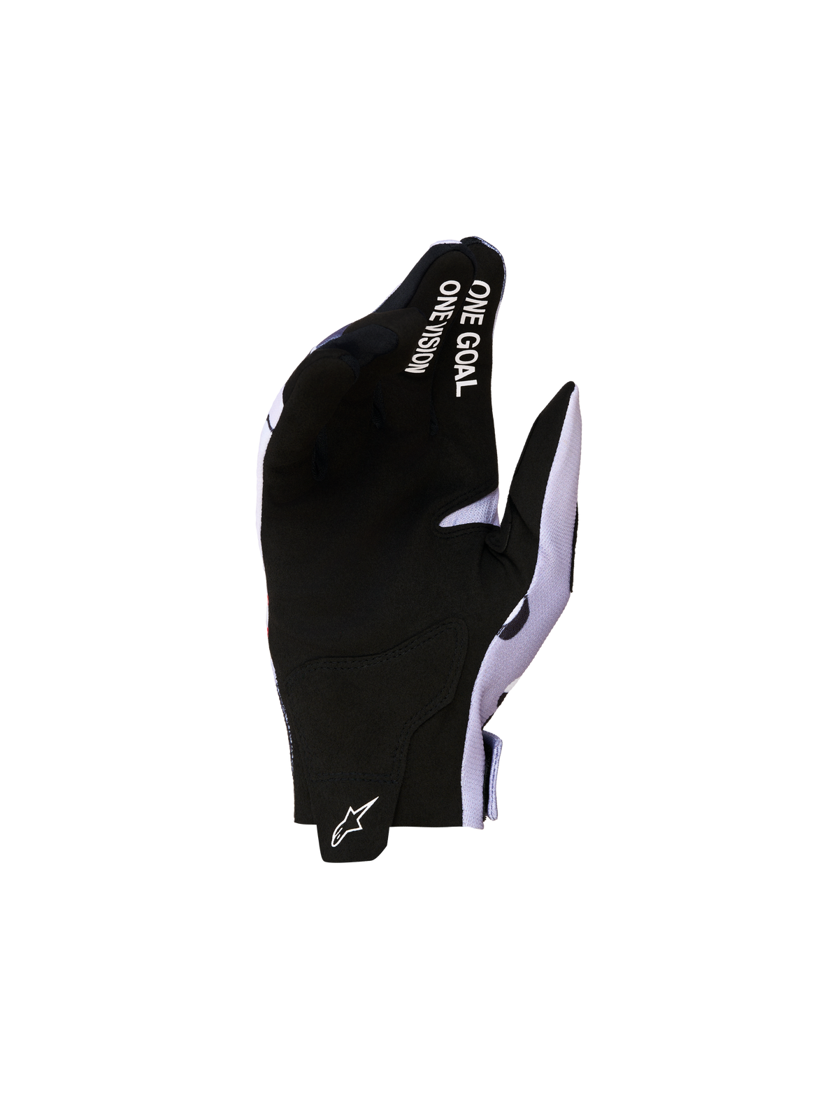 Alpinestars Jeugd Radar motorhandschoenen voor motorcross, zwart en grijs, synthetische suède handpalm met witte tekstopdruk en logo.