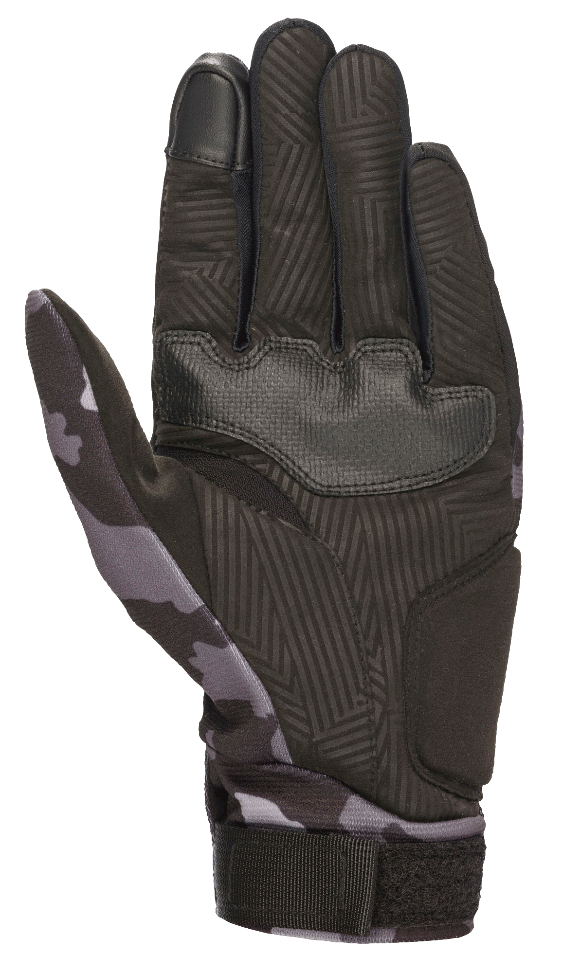 Gants Alpinestars Youth Reef, Noir Gris Camo, vue de la paume en daim synthétique avec grip texturé, motif camouflage sur le pouce et le poignet, index compatible avec les écrans tactiles, gants de moto urbains