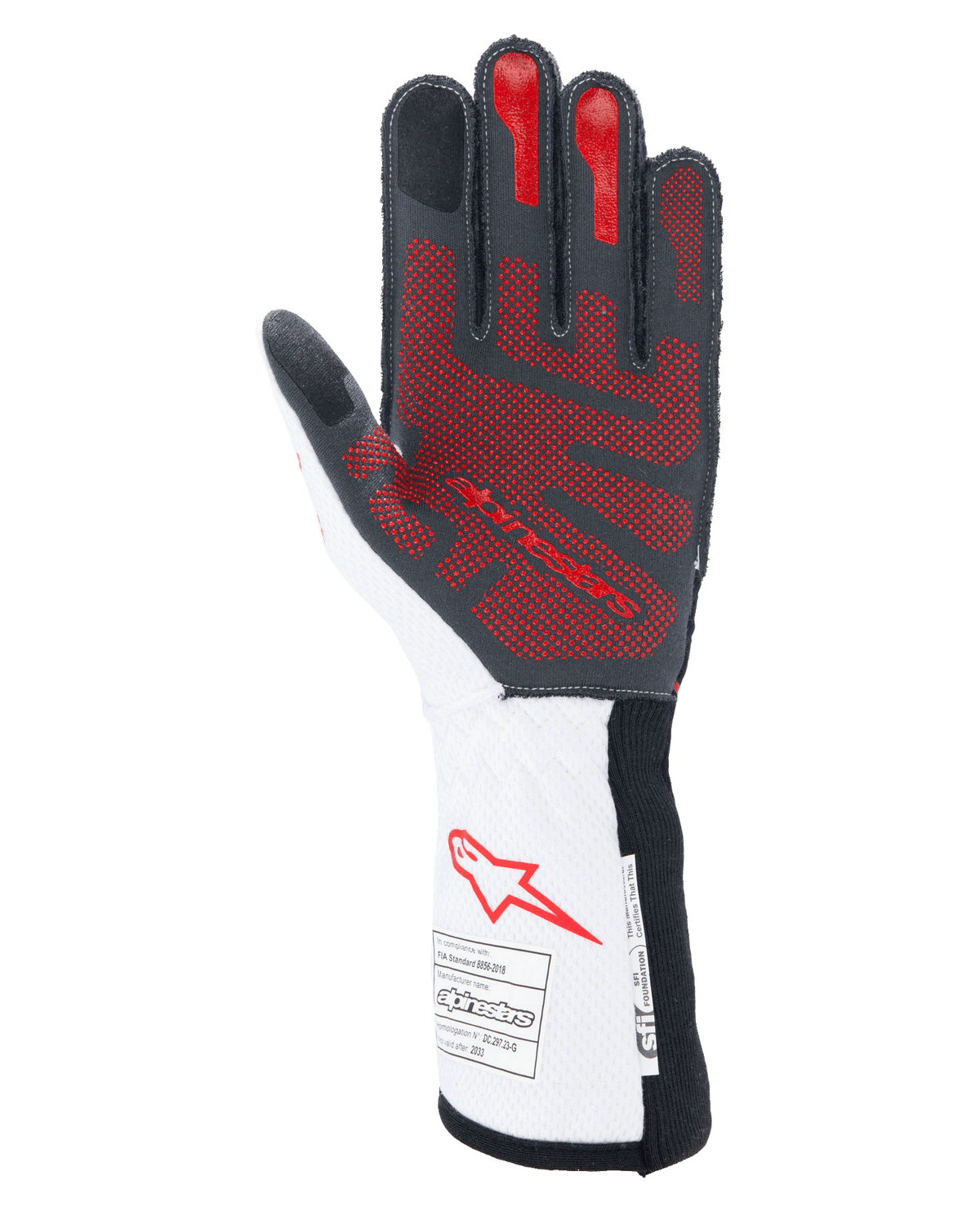 Alpinestars Tech-1 ZX V4 handschoenen, autoracehandschoenen, zwart, wit en rood, handpalmzicht met een rood 3D-siliconen grippatroon, witte kapmanchet met rood Alpinestars-logo en FIA- en SFI-certificeringslabels