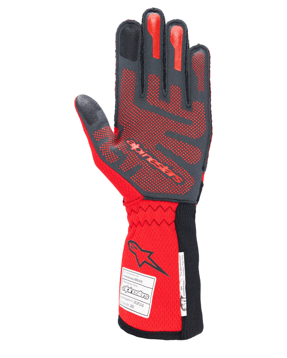 Gants Alpinestars Tech-1 ZX V4, gants de course automobile, noir et rouge, côté paume montrant des motifs d'adhérence en silicone 3D rouges et des étiquettes d'homologation FIA/SFI sur la manchette, conçus pour le sport automobile haute performance