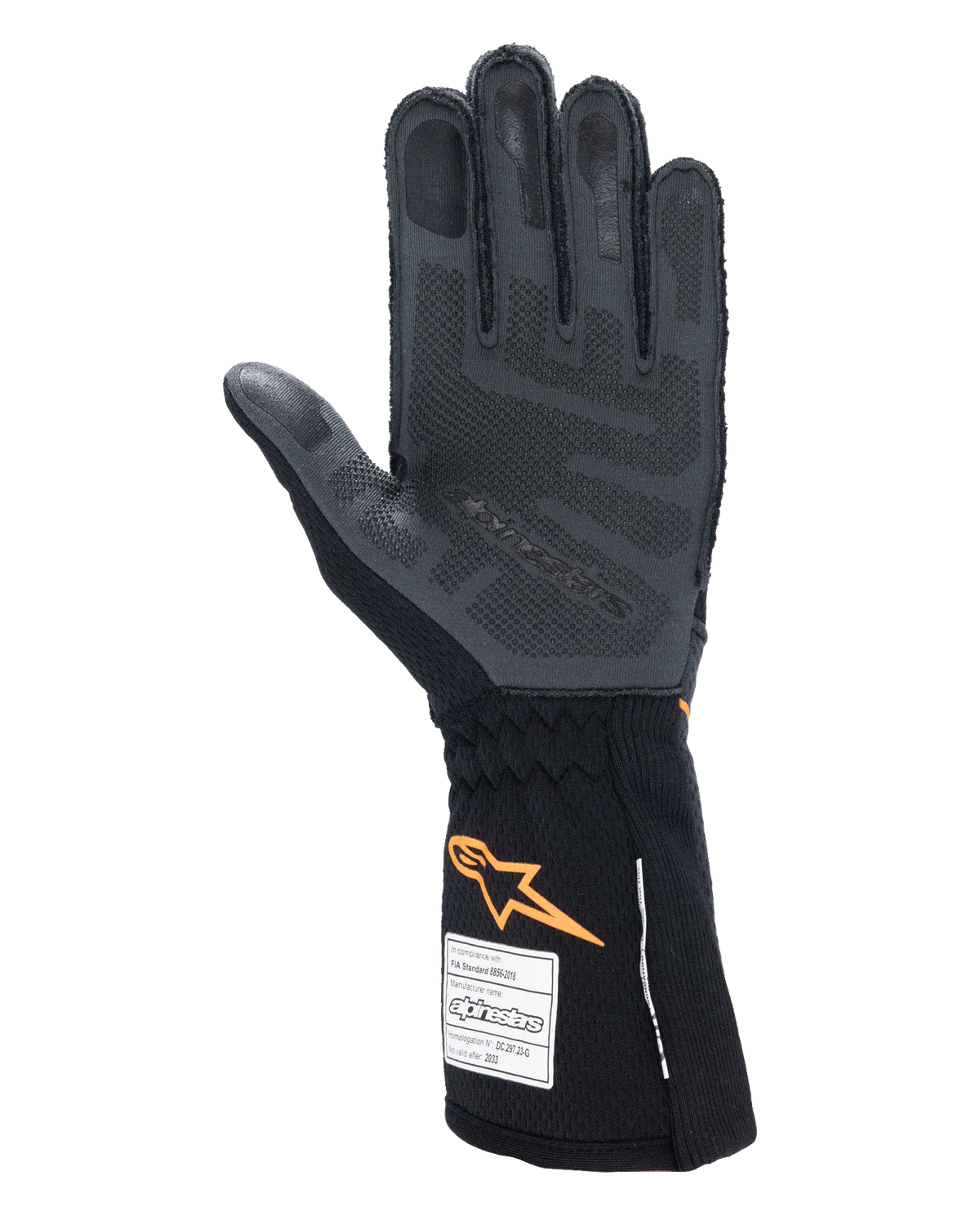 Gants Alpinestars Tech-1 ZX V4, gants de course automobile, noir et orange fluo, vue de la paume montrant les motifs d'adhérence en silicone 3D et la structure alvéolée, étiquettes d'homologation FIA et SFI visibles sur la manchette, équipement de sport automobile professionnel