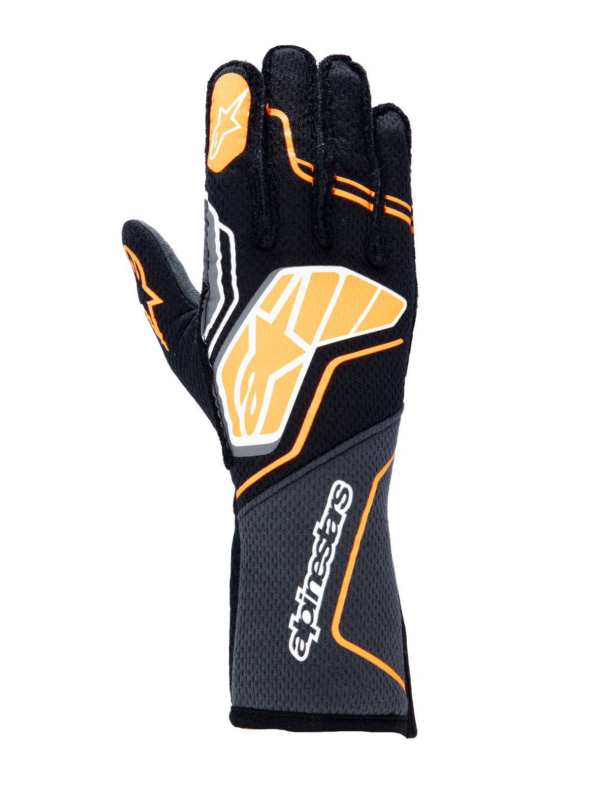 Gants Alpinestars Tech-1 ZX V4, gants de course automobile, noirs avec accents orange fluo et blancs, avec un grand logo graphique sur le dos de la main, tissu à structure alvéolée sur la manchette, design géométrique sportif pour la course professionnelle