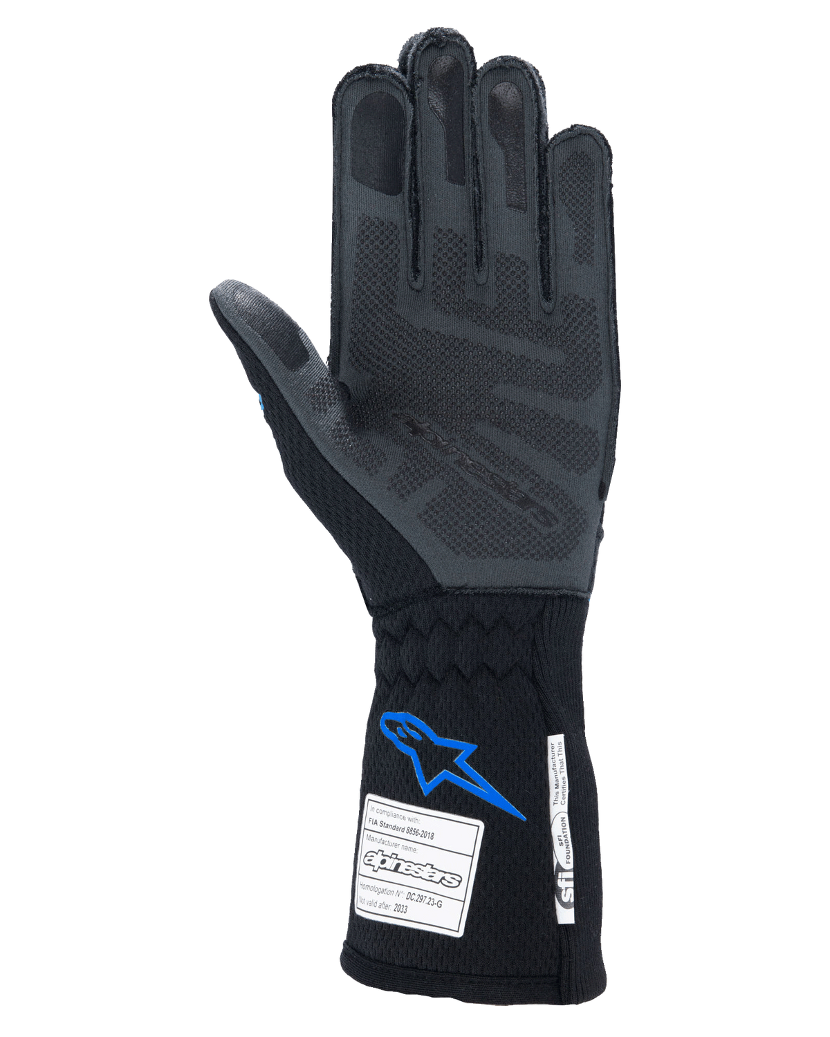Alpinestars Tech-1 ZX V4 Gloves, Auto Racing Gloves, Black and Blue, palm view showing grey 3D silicone grip technology, featuring FIA and SFI certification tags on the cuff, professional motorsport protection