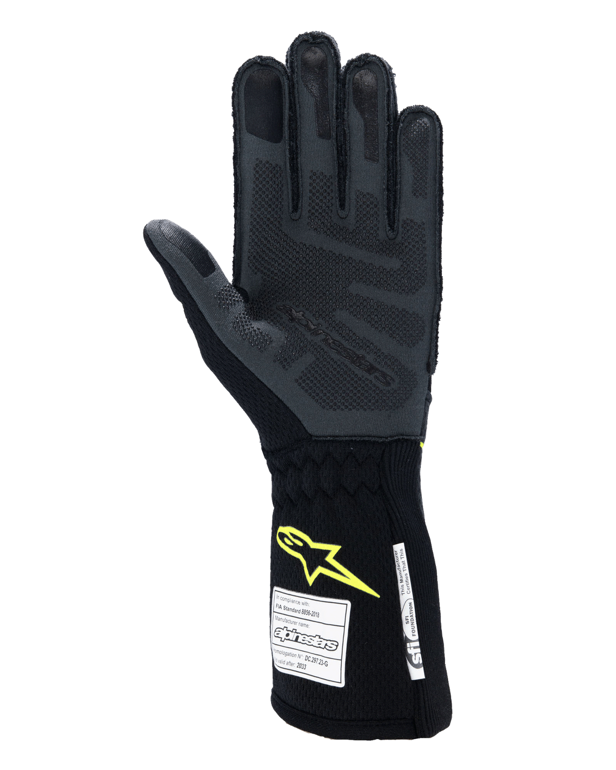 Alpinestars Tech-1 ZX V4 handschoenen, autoracehandschoenen, Tar Gray en zwart met fluogeel logo, handpalmaanzicht met getextureerde 3D siliconen grip en FIA/SFI-veiligheidscertificeringslabels, professionele autosportuitrusting