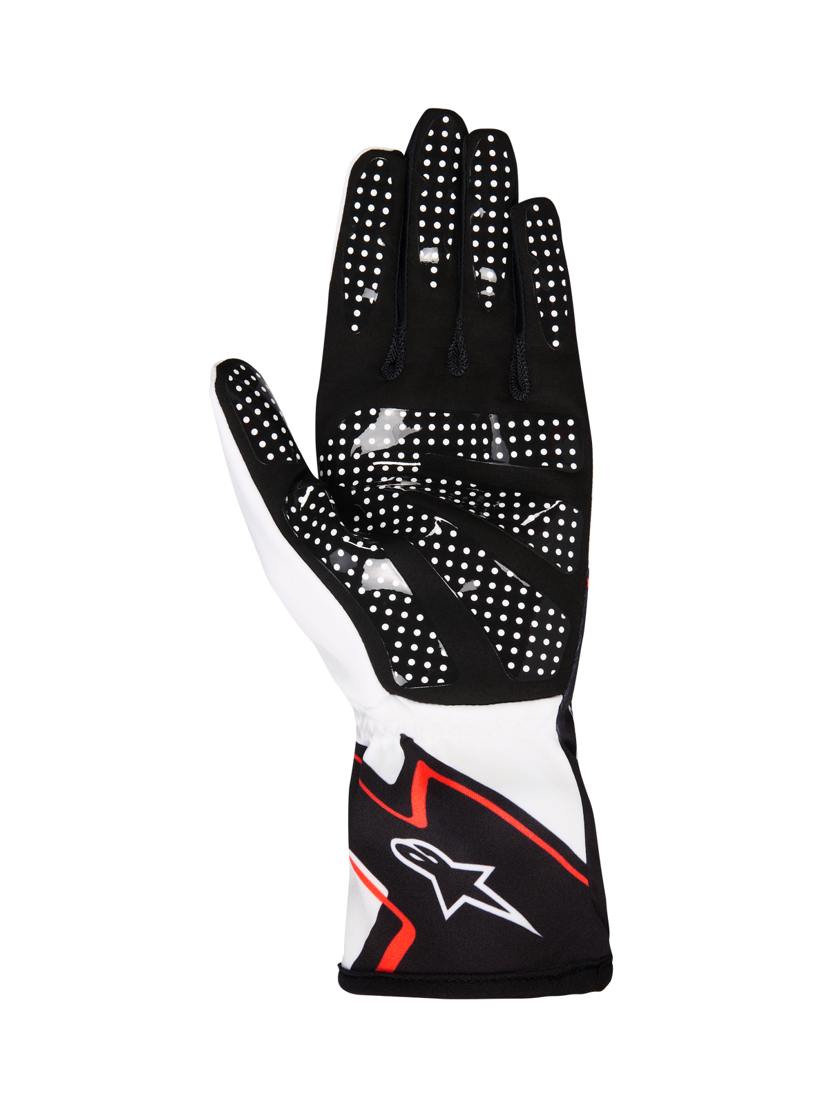 Alpinestars Tech-1 K Race V2 Handschuhe Graphic 1, Kart-Handschuhe, Weiß, Schwarz und Hot Orange, Handflächenansicht aus schwarzem synthetischem Wildleder mit weißen Silikon-Grip-Noppen, ergonomisches Design mit Alpinestars-Logo auf der Manschette