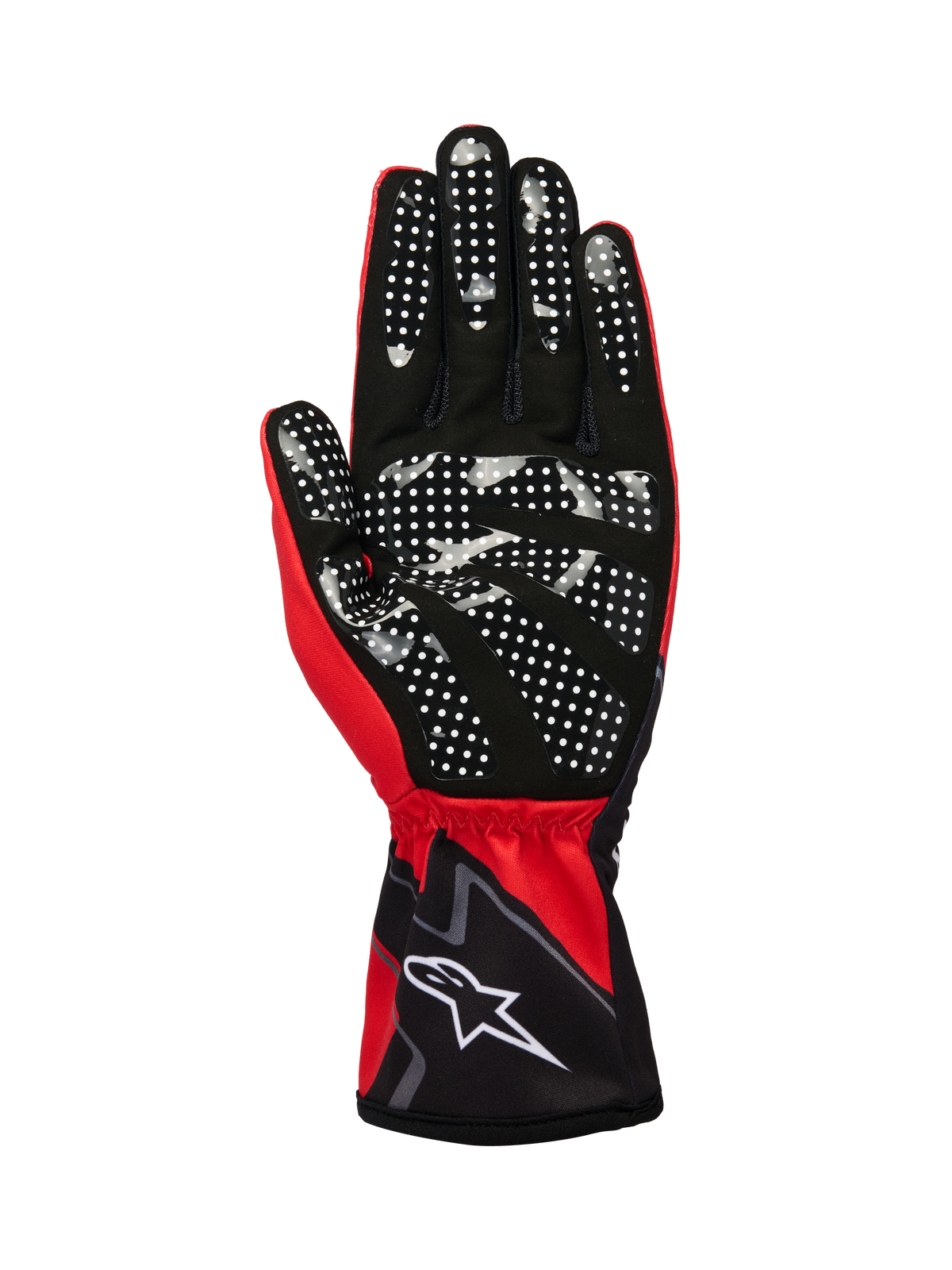 Alpinestars Tech-1 K Race V2 Handschuhe Graphic 1, Karting-Handschuhe, Hellrot, Schwarz, Weiß, Handflächenansicht mit weißem Silikon-Punktmuster für verbesserten Grip, synthetisches Wildleder-Material, elastische Stulpenmanschette mit weißem Logo.
