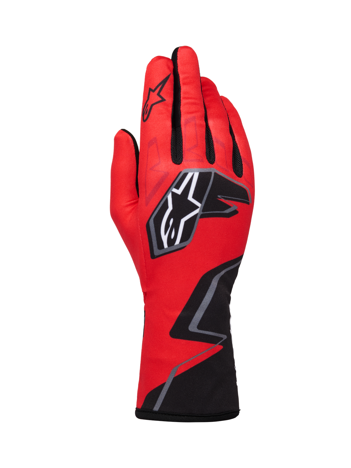 Alpinestars Tech-1 K Race V2 Handschuhe Graphic 1, Karting-Rennhandschuhe, Rot mit schwarzen und weißen Akzenten, mit markantem Sternlogo und geometrischem Zickzack-Design am Handgelenk, leichte Textilkonstruktion für den Motorsport