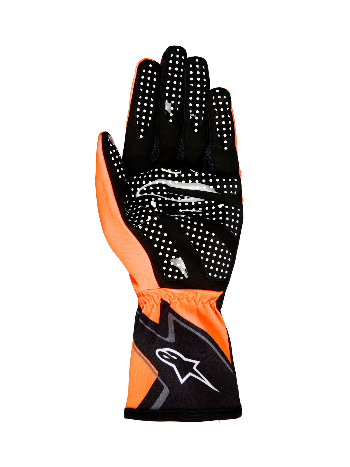 Alpinestars Tech-1 K Race V2 Handschuhe Graphic 1, Kart-Handschuhe, Orange Fluo und Schwarz, Handflächenansicht mit weißem Silikon-Gripmuster und Alpinestars-Logo an der Handgelenksmanschette