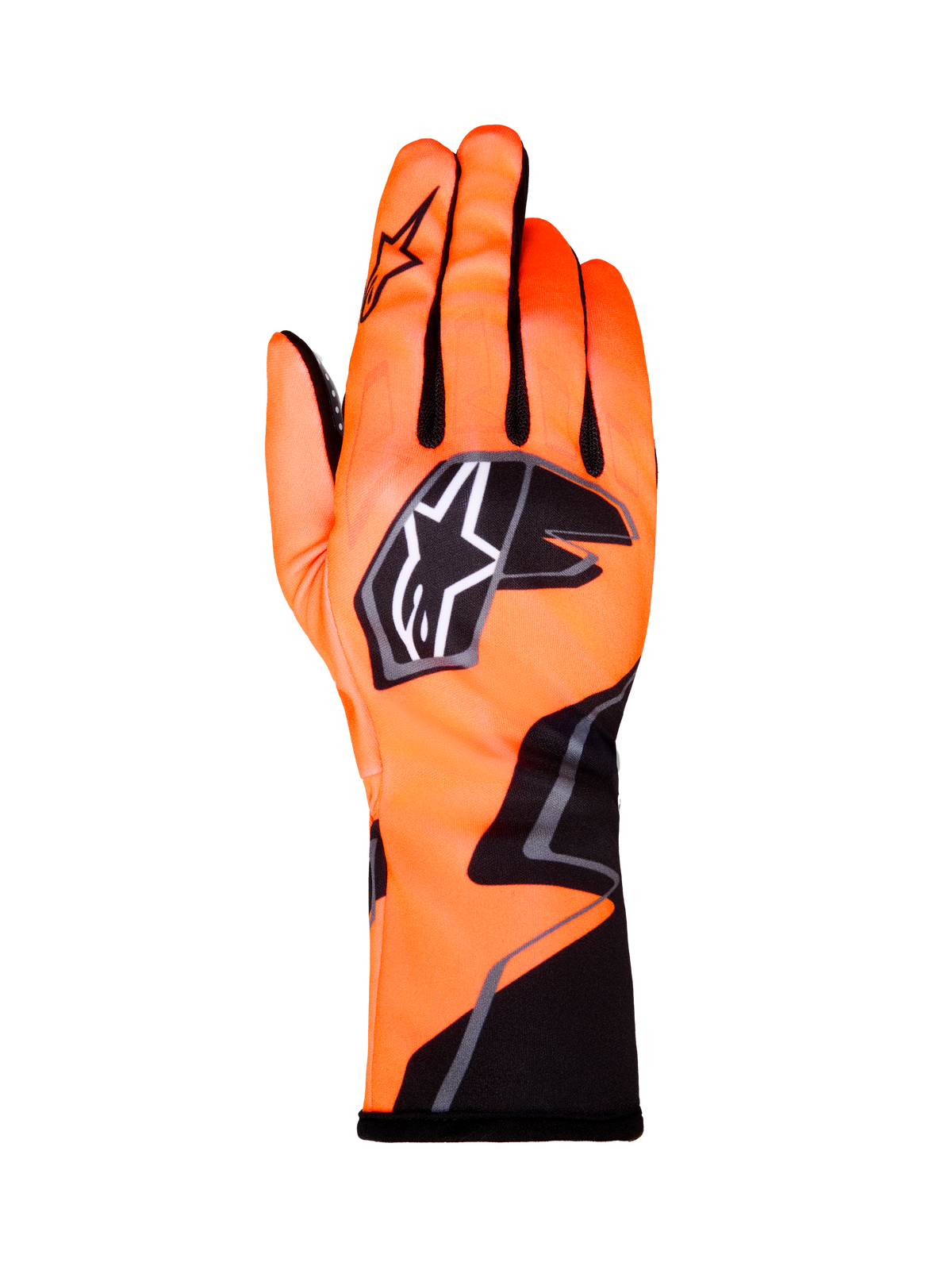Alpinestars Tech-1 K Race V2 Handschuhe Graphic 1, Kart-Handschuhe, Leuchtorange mit schwarzen und weißen Akzenten, Rückansicht des linken Handschuhs, markantes Stern-Logo, formschlüssiges Textildesign mit eckigen Grafiken