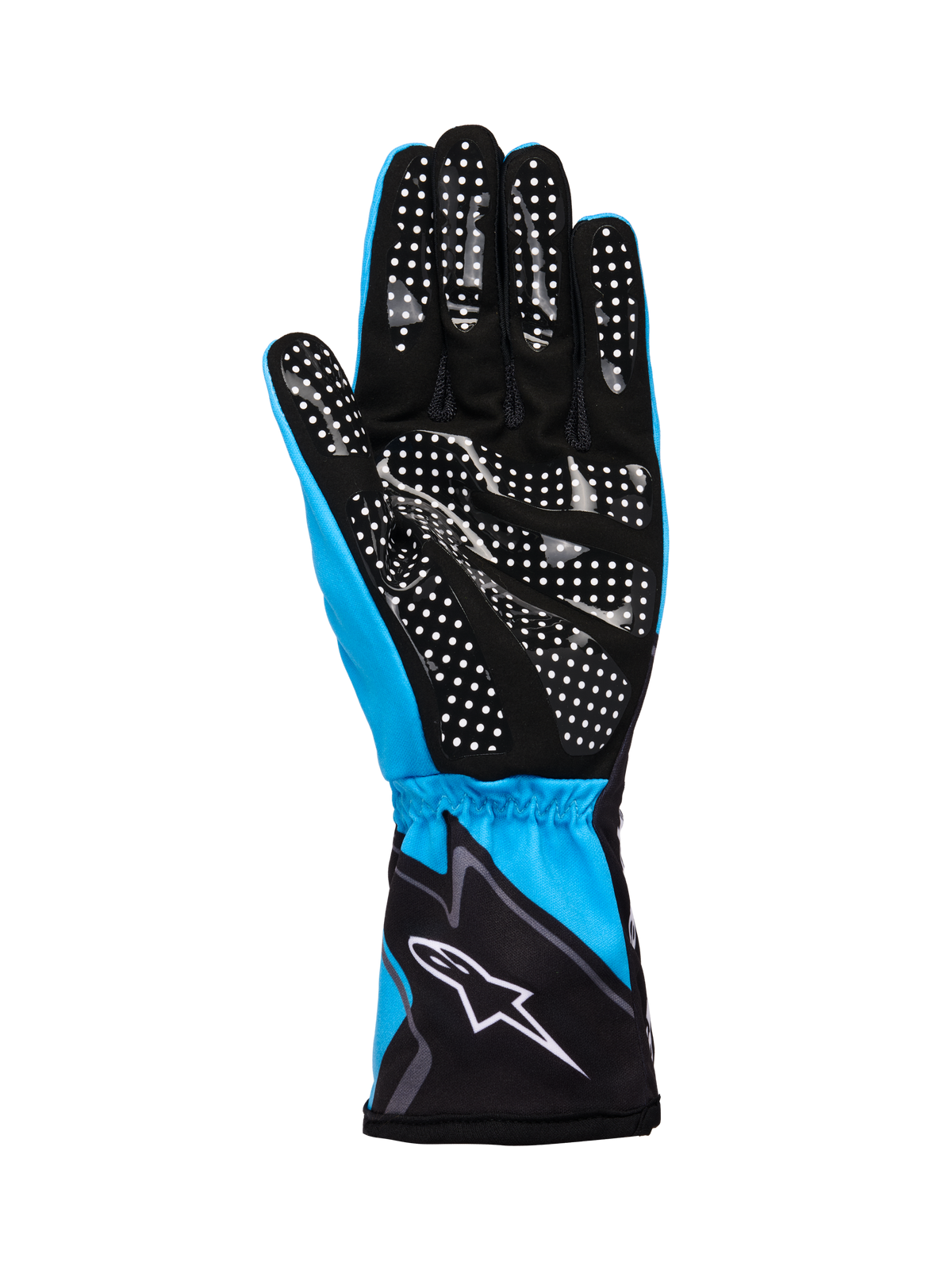 Alpinestars Tech-1 K Race V2 Handschuhe Graphic 1, Kart-Handschuhe, Cyan, Schwarz und Weiß, Handfläche aus synthetischem Wildleder mit weißem Silikon-Punktmuster für Grip, elastische Manschette mit weißem Alpinestars-Logo, leichte atmungsaktive Konstruktion für den Motorsport