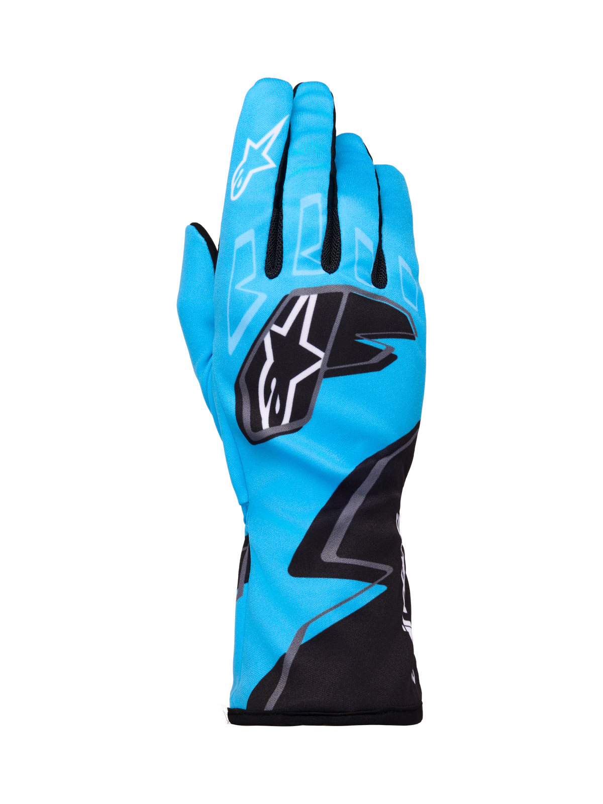 Alpinestars Tech-1 K Race V2 Graphic 1 Handschuhe, Kart-Rennhandschuhe, Cyan, Schwarz und Weiß, auffällige geometrische Muster, weißes Alpinestars-Sternlogo auf den Knöcheln, verlängerte Manschette, leichtes und atmungsaktives Material für Karting-Performance