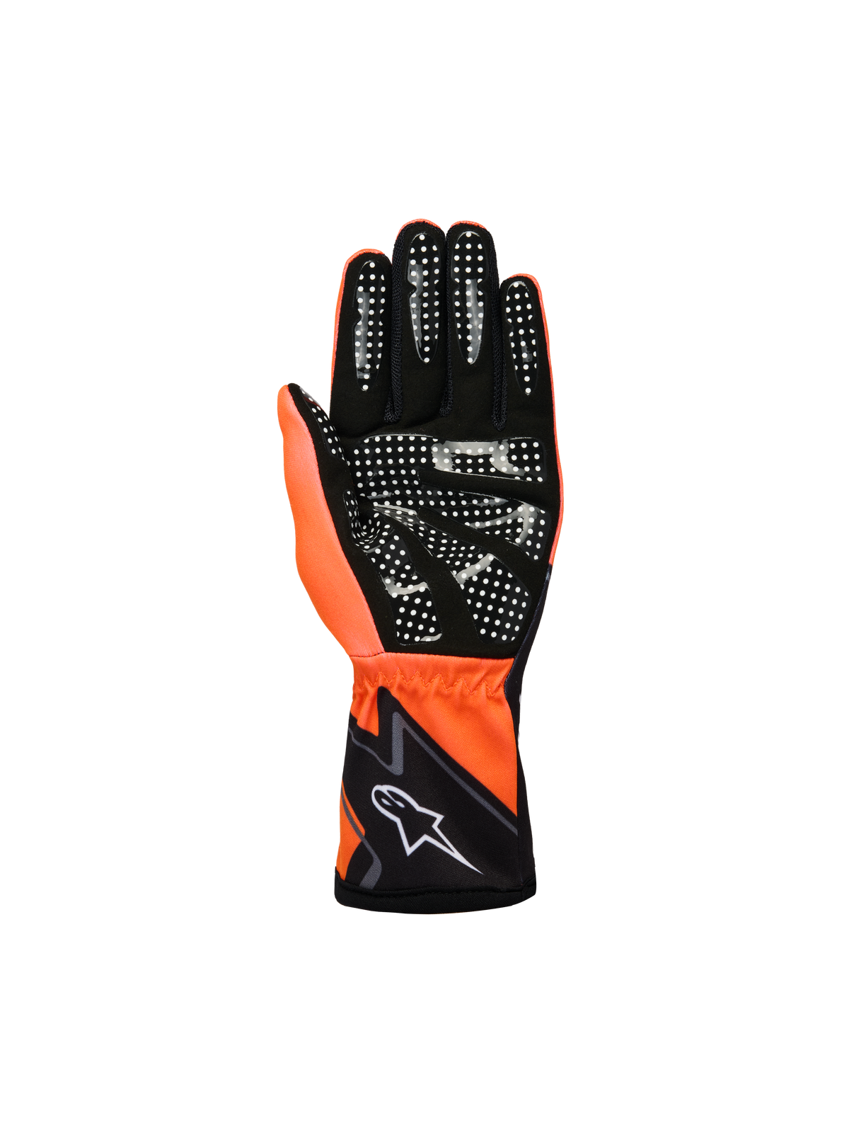 Alpinestars Jeugd Tech-1 K Race S V2 Graphic 1 handschoenen, karting handschoenen, fluo oranje, zwart en wit, handpalmaanzicht met zwart synthetisch suède, wit siliconen grippatroon, fluo oranje duim en zwarte manchet met wit Alpinestars-logo