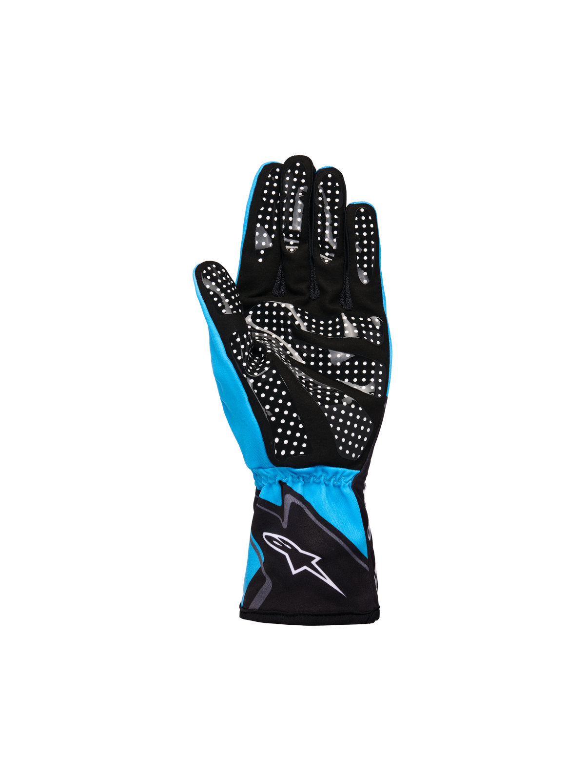 Alpinestars Youth Tech-1 K Race S V2 Graphic 1 Gloves, Cyan Black and White, palm view featuring white dotted silicone grip pattern, lightweight textile and synthetic suede construction with Alpinestars logo on the elasticated cuff