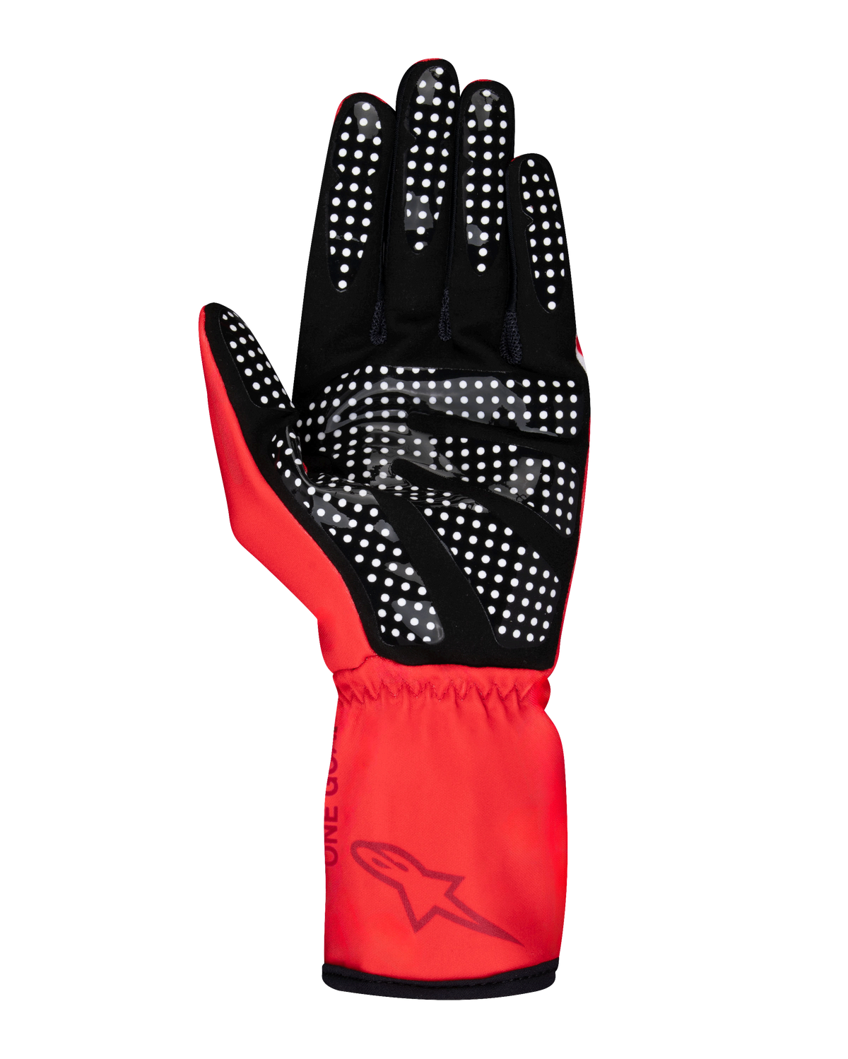 Alpinestars Tech-1 K Race V2 Pure Handschuhe, Kart-Handschuhe, Rot und Schwarz, Ansicht der Handfläche mit Silikonaufdruck und weißem Punktmuster für Grip, synthetisches Veloursleder, elastische Stulpe mit Alpinestars-Logo