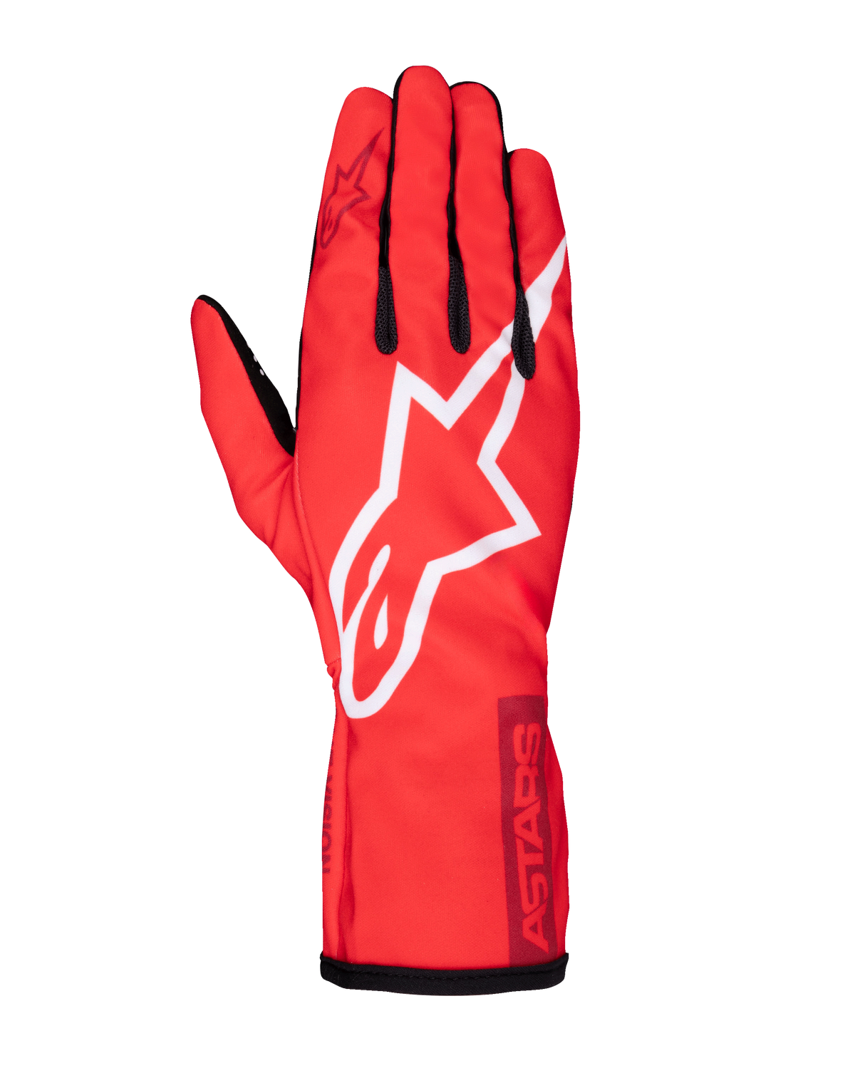 Alpinestars Tech-1 K Race V2 Pure Handschuhe, Karting-Rennhandschuhe, Rot mit weißen und burgunderfarbenen Akzenten, markantes weißes Stern-Logo, schwarze Fingerdetails, ASTARS-Branding am Bündchen, leichte Performance-Ausrüstung für Fahrer
