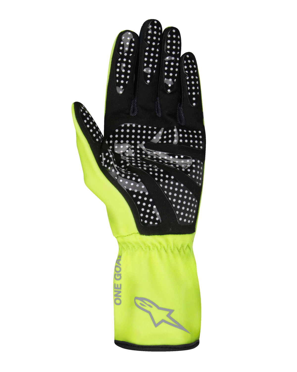 Gants Alpinestars Tech-1 K Race V2 Pure, gants de karting, jaune fluo et noir, vue de la paume montrant un motif d'adhérence en silicone à points blancs, logo Alpinestars gris et texte 'ONE GOAL' sur la manchette, équipement de sport automobile professionnel