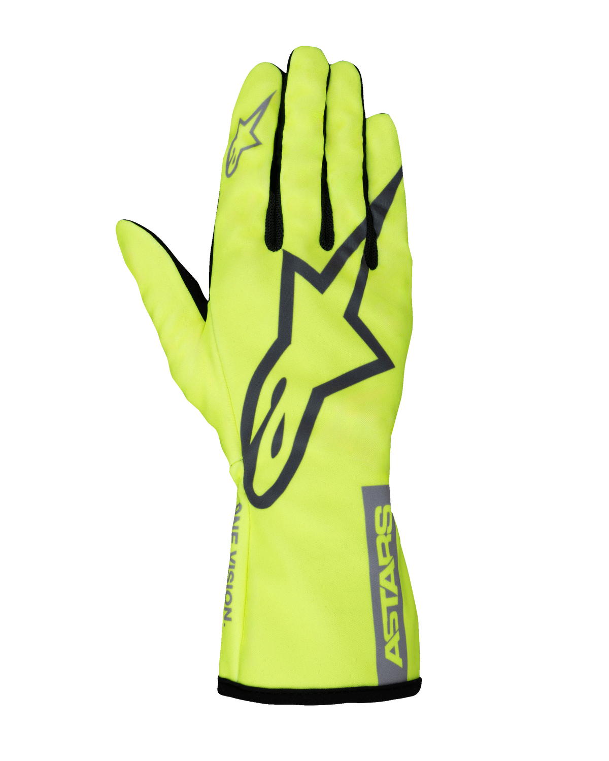 Gants Alpinestars Tech-1 K Race V2 Pure, gants de karting, jaune fluo et gris, grand logo étoile sur le dos, fourchettes noires, équipement de sport automobile léger et haute visibilité