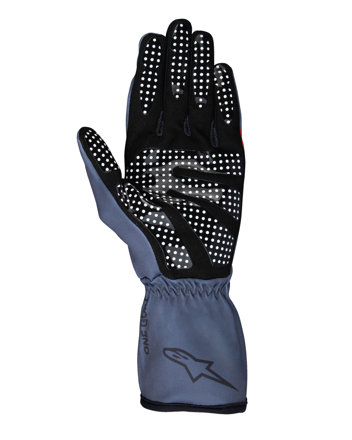 Alpinestars Tech-1 K Race V2 Pure Handschuhe, Kart-Handschuhe, Asphalt und Schwarz, Ansicht der Handinnenfläche mit weißem Silikon-Gripmuster, ergonomisches Design mit Stulpe und Alpinestars-Branding