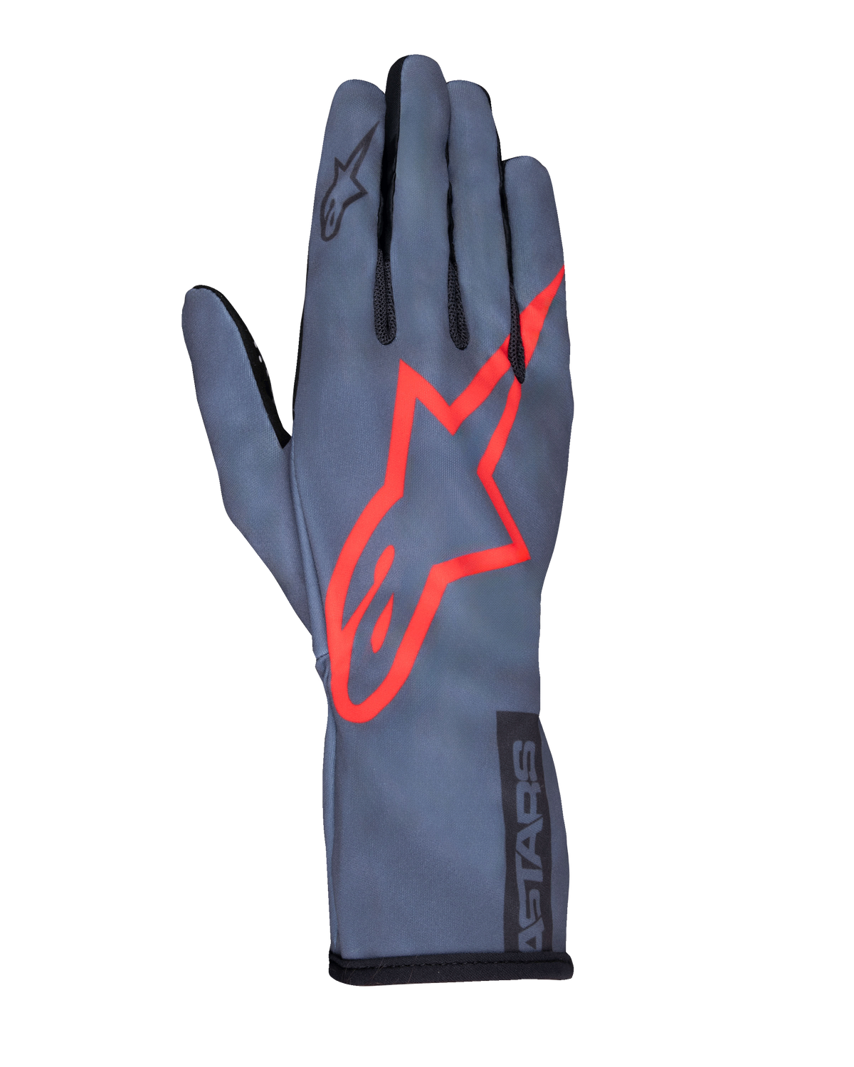 Alpinestars Tech-1 K Race V2 Pure, gants de karting, gris asphalte et rouge, avec un grand logo d'étoile rouge sur le dos, construction légère en maille, manchette longue, design performant pour le karting
