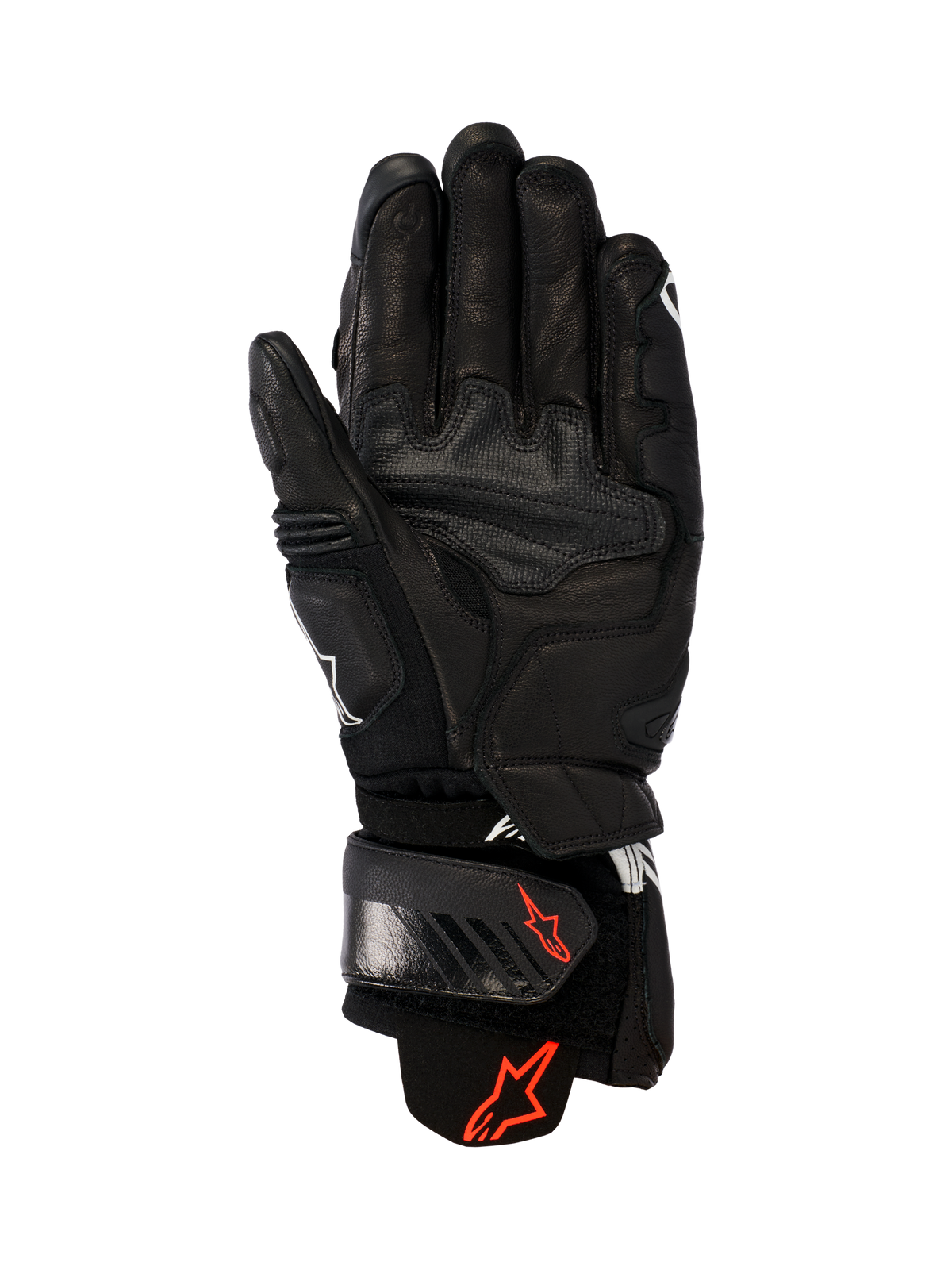 Alpinestars GP Plus R V3 Leren Handschoenen, zwart, palmzicht met duurzame leren constructie, rode Astars-logo's op de polsband en manchet, versterkte grippanelen en een verstelbare sluiting voor race- en sportprestaties.