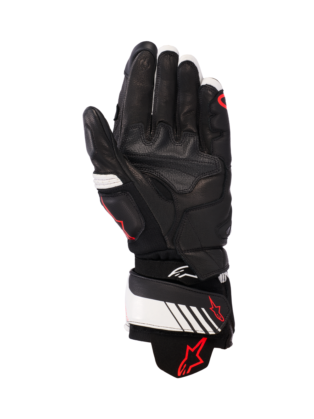Alpinestars GP Plus R v3 leren handschoenen, zwart, wit en fluorood, palmzicht met volledige leren constructie en versterkte padding, witte polsband met rood Alpinestars-logo, op de racerij geïnspireerde beschermende kleding voor motorrijders