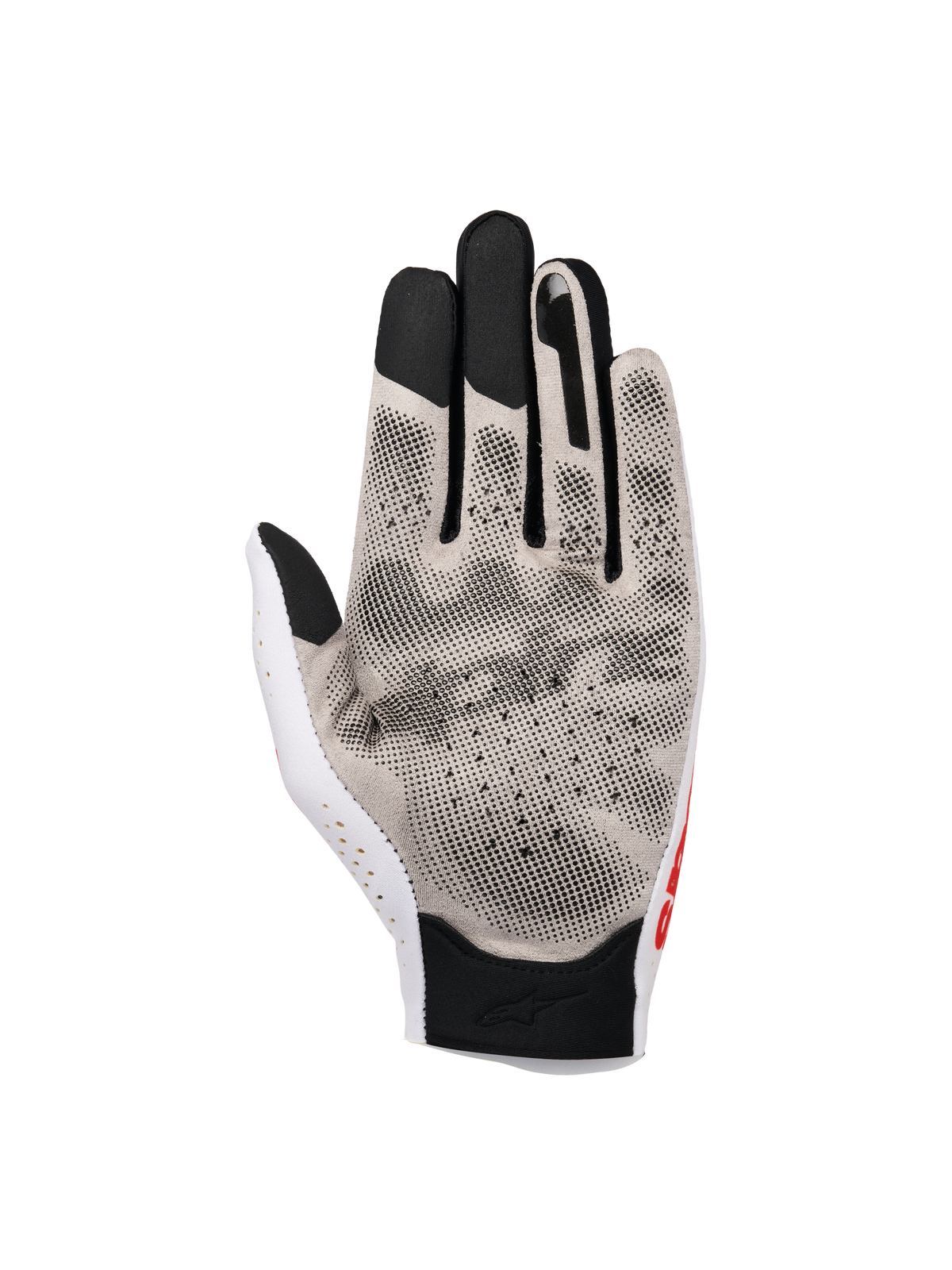 Alpinestars Sim-Handschuhe Graphic 1, SIM-Rennhandschuhe, Silver Ice, Schwarz und Red Tangerine, Innenhandansicht mit 3D-Grip-Druck und Nanofront®-Gewebe, perforierter Daumenbereich und schwarze touchscreen-kompatible Fingerspitzen für virtuelle Rennsport-Performance.