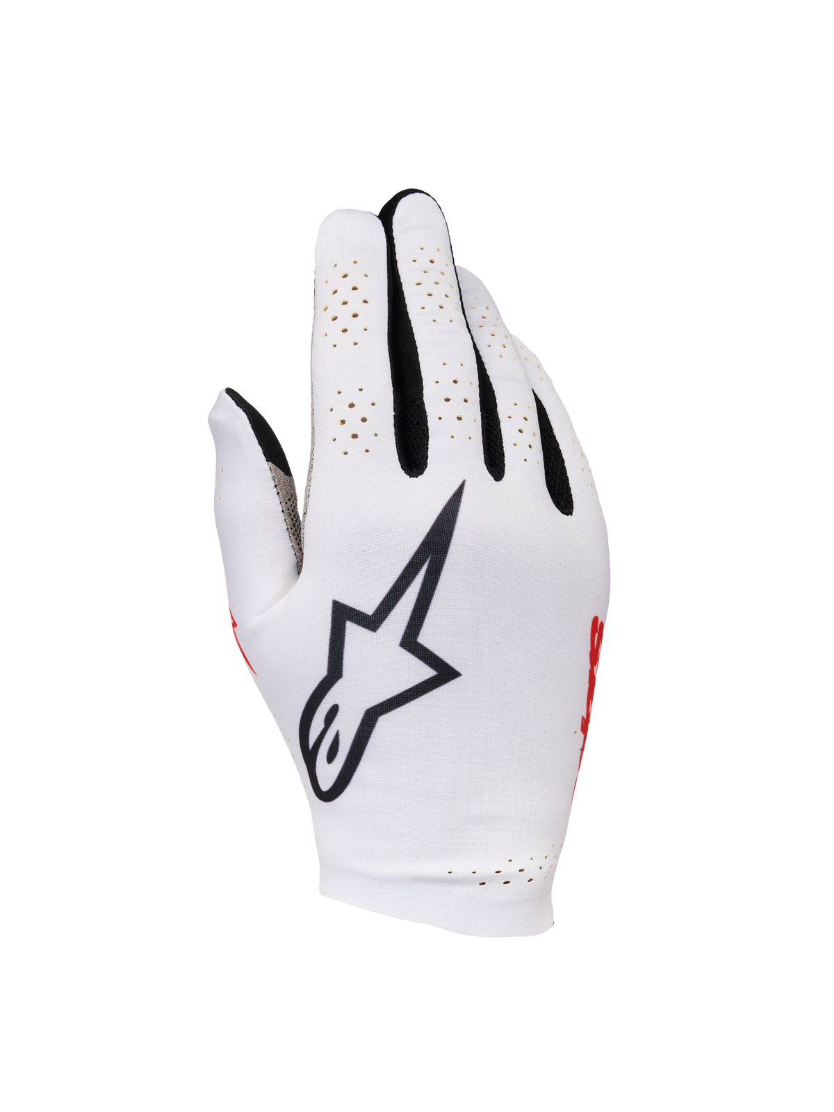 Alpinestars Sim Gloves Graphic 1, SIM-Rennhandschuhe, Silver Ice mit schwarzen und roten Akzenten, auffälliges schwarzes Sternlogo auf dem Handrücken, perforierte Fingereinsätze zur Belüftung, leichtes Textildesign für Präzision beim Gaming.