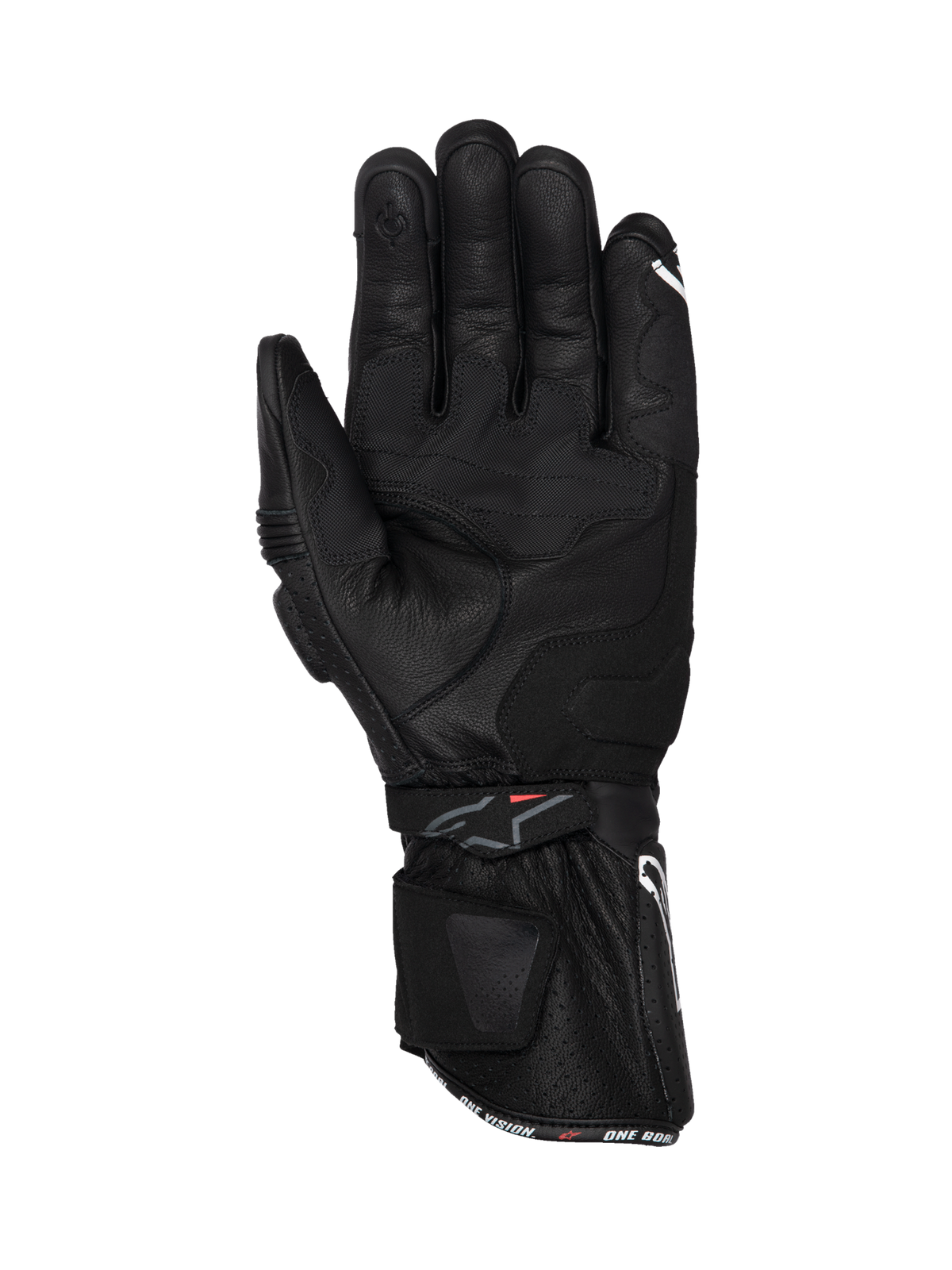 Alpinestars SP-3 black leather motorcycle racing gloves, palm view with long cuff and reinforced grip for road riding.