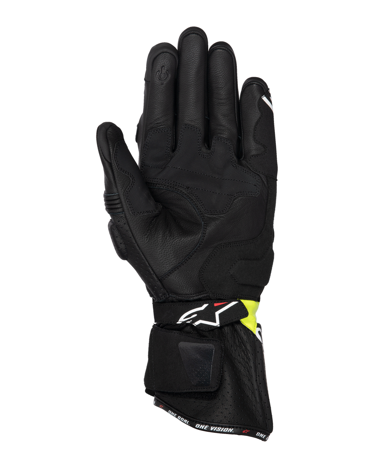 Gants Alpinestars SP-3, gants de moto de route, noir et jaune fluo, vue de la paume montrant la construction en cuir de chèvre, les renforts de paume rembourrés, la manchette longue avec sangle réglable et l'index compatible avec les écrans tactiles