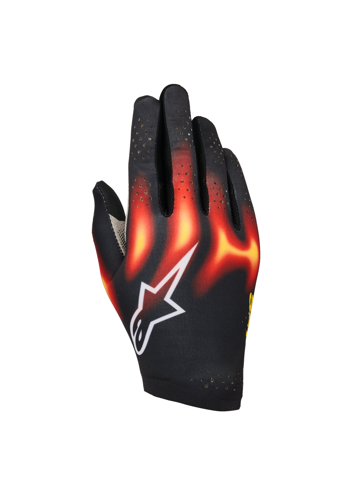 Alpinestars Sim Gloves Graphic 3, gants de Sim Racing, noirs avec motifs de flammes rouge vif et jaune chaud, logo étoile blanc, doigts perforés pour la ventilation, construction légère et flexible pour la course virtuelle