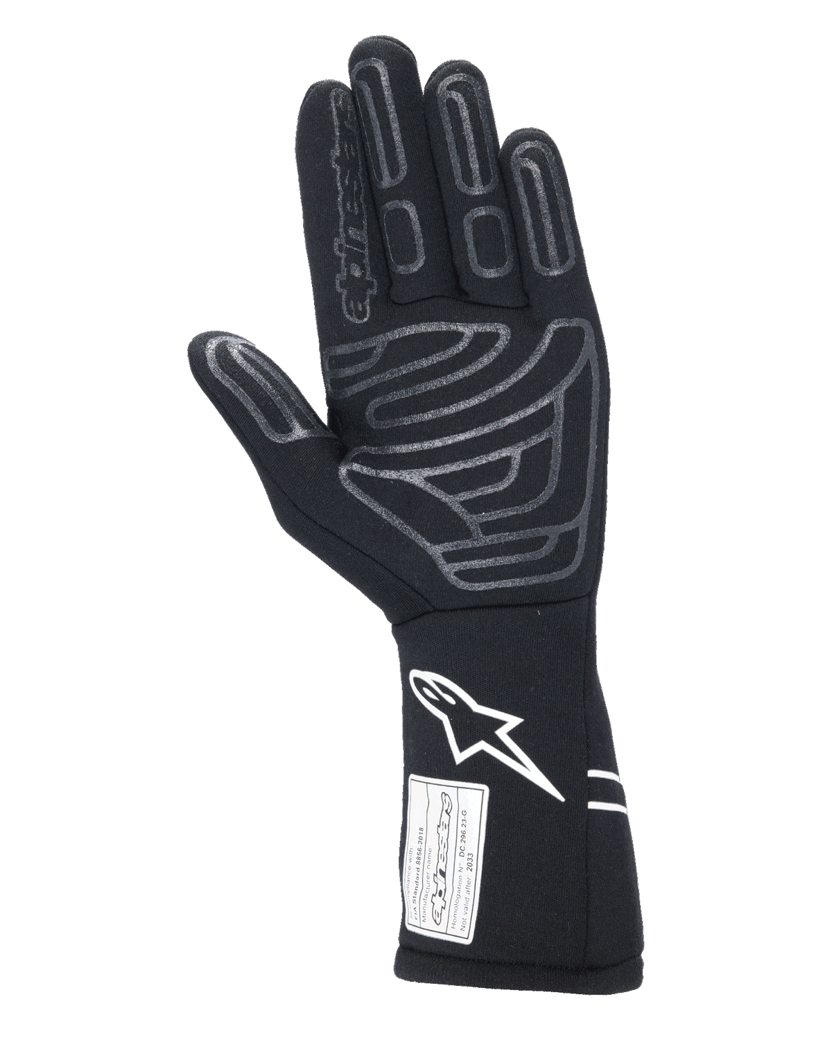 Alpinestars Tech-1 Start V4 FIA-handschoenen, zwarte autoracehandschoen, handpalmzicht met grijze siliconen grippatronen op de vingers en handpalm, wit Astars-logo op de verlengde manchet, FIA-certificeringslabel, professionele motorsportuitrusting