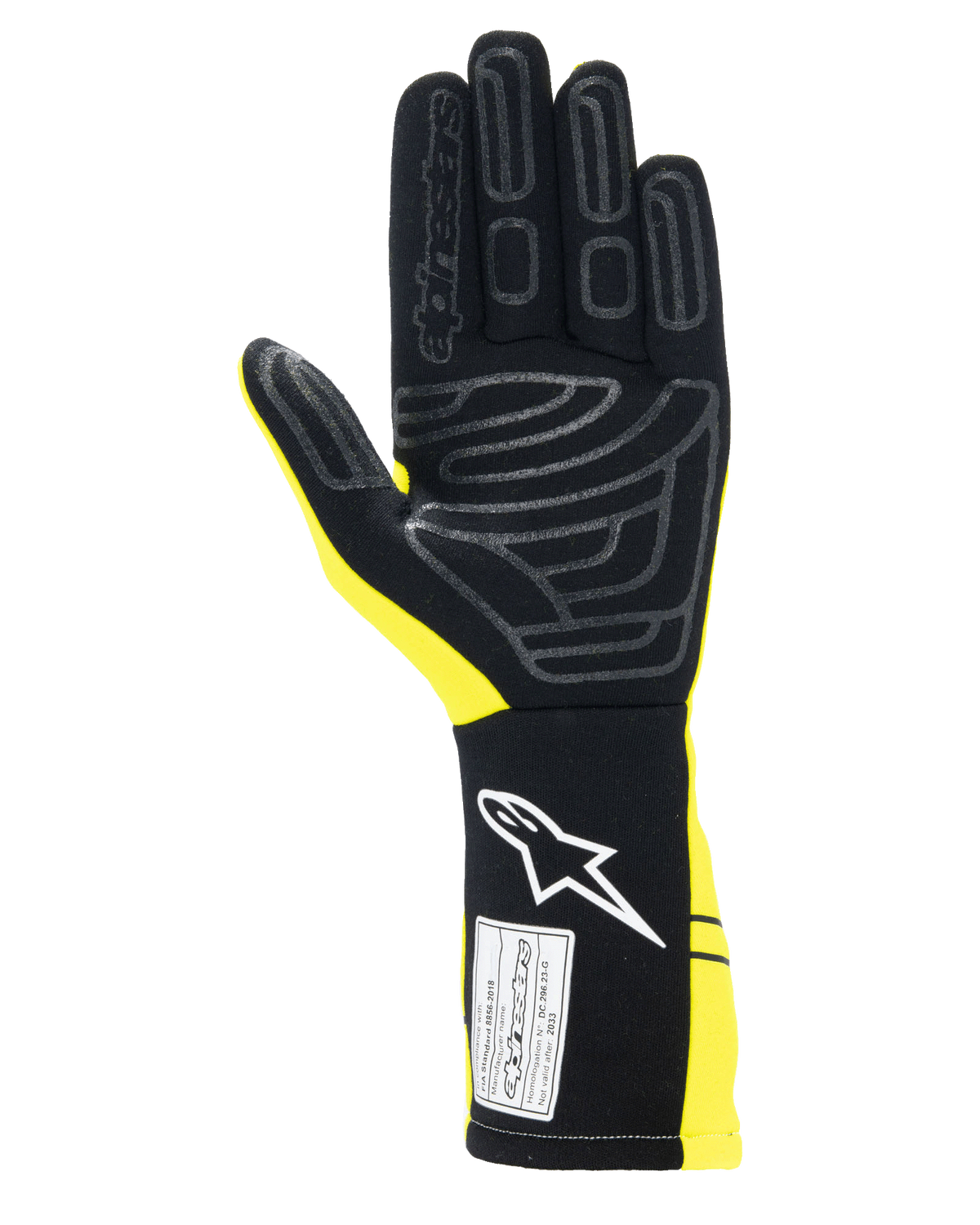 Alpinestars Tech-1 Start V4 FIA handschoenen, autoracehandschoenen, geel fluo en zwart, handpalmweergave met siliconen grippatronen, verlengde manchet met wit logo en FIA-certificeringslabel